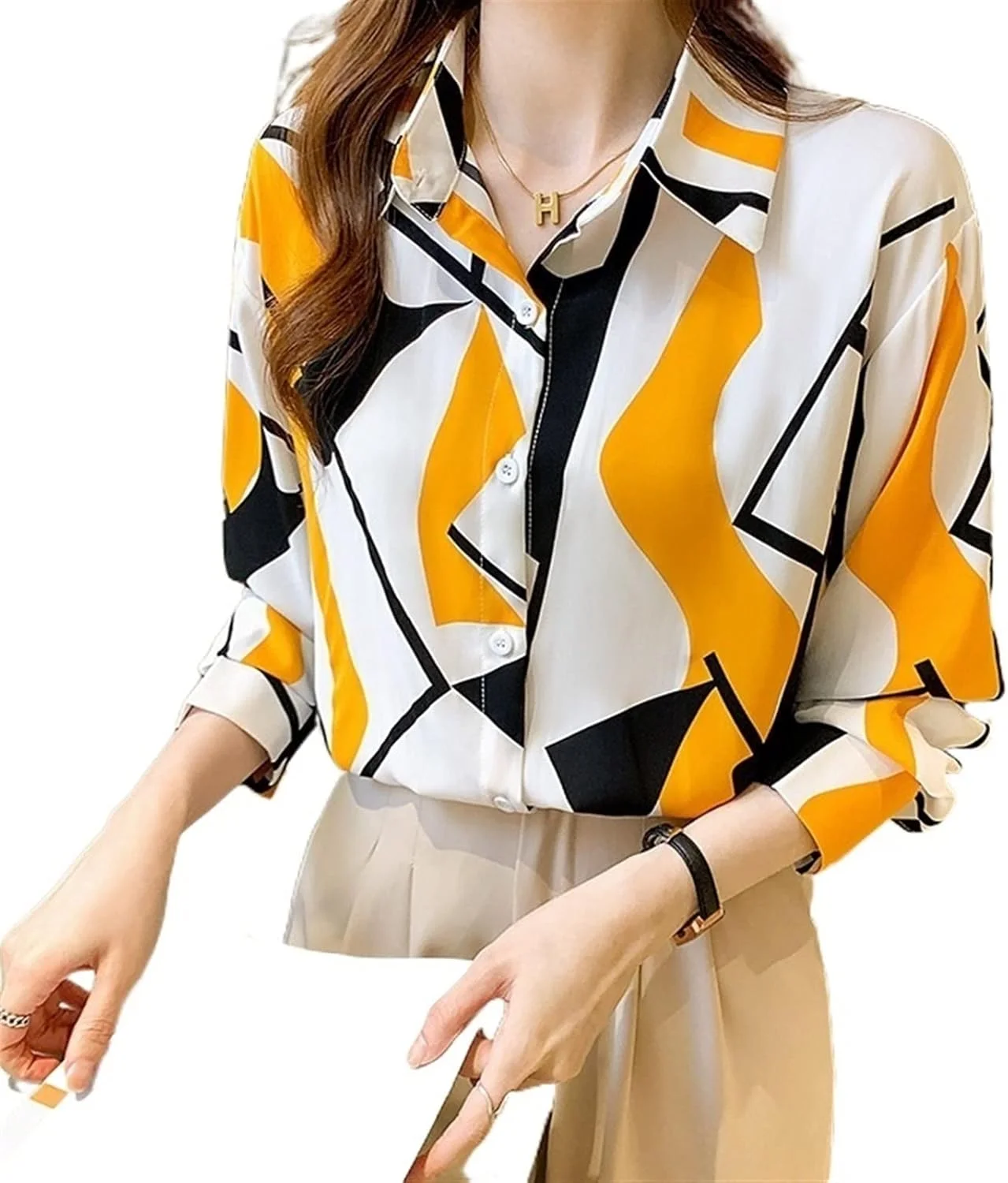 بلوز زنانه VETCS، بلوز دکمه دار زنانه، پیراهن آستین بلند شیفون زنانه یقه دار (رنگ: Hortelã، سایز: L)