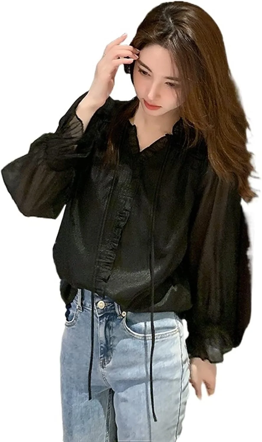 بلوز زنانه VETCS، بلوز زنانه، بلوز شیفون پفی آستین ترومپت زنانه (رنگ: Hortel، سایز: M)