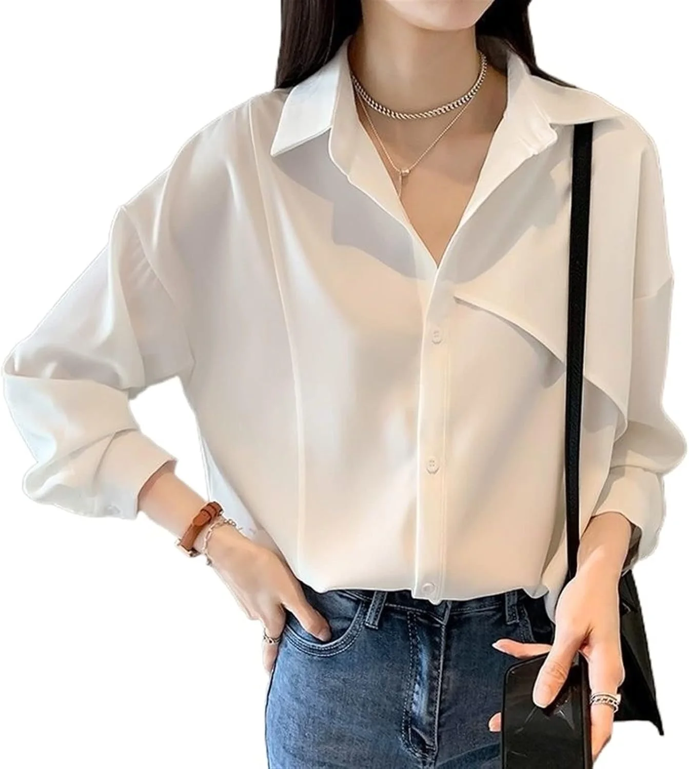 بلوز زنانه VETCS، پیراهن گشاد زنانه، بلوز یقه دار تک رنگ، پیراهن زنانه (سایز: S)
