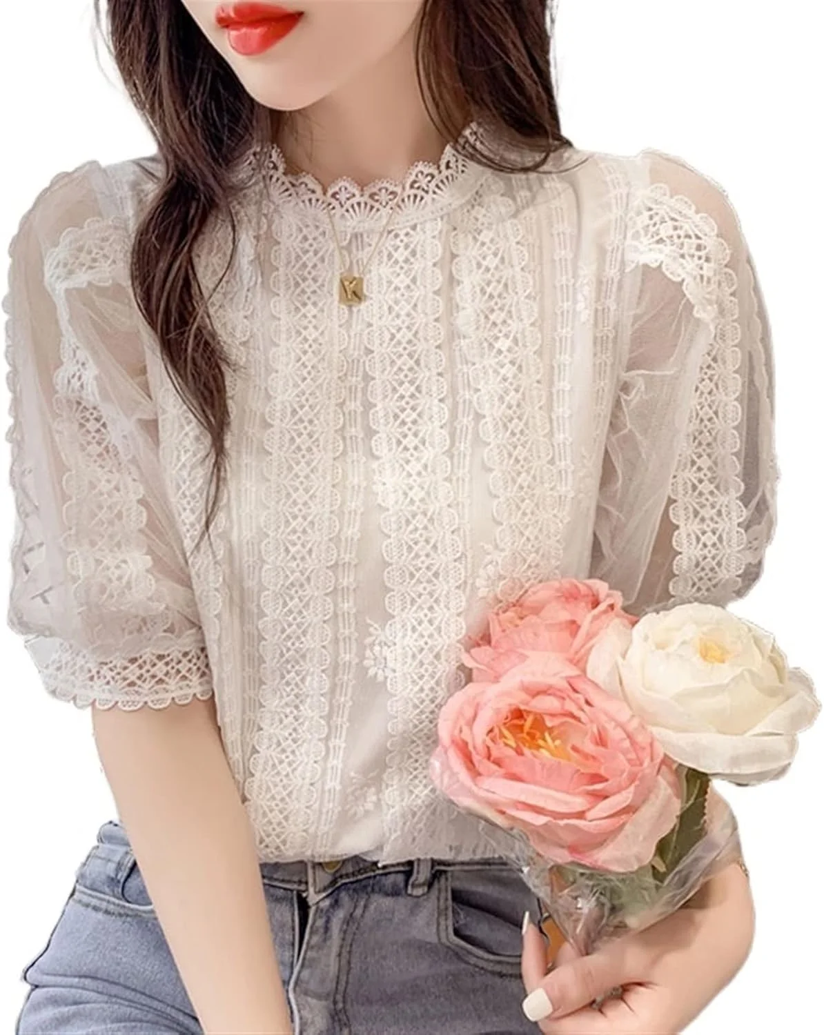 بلوز زنانه VETCS، پیراهن زنانه با یقه ایستاده، پیراهن زیبای غیر رسمی، پیراهن توری سفید شیرین، پیراهن آستین فانوسی (رنگ: سفید، سایز: M)