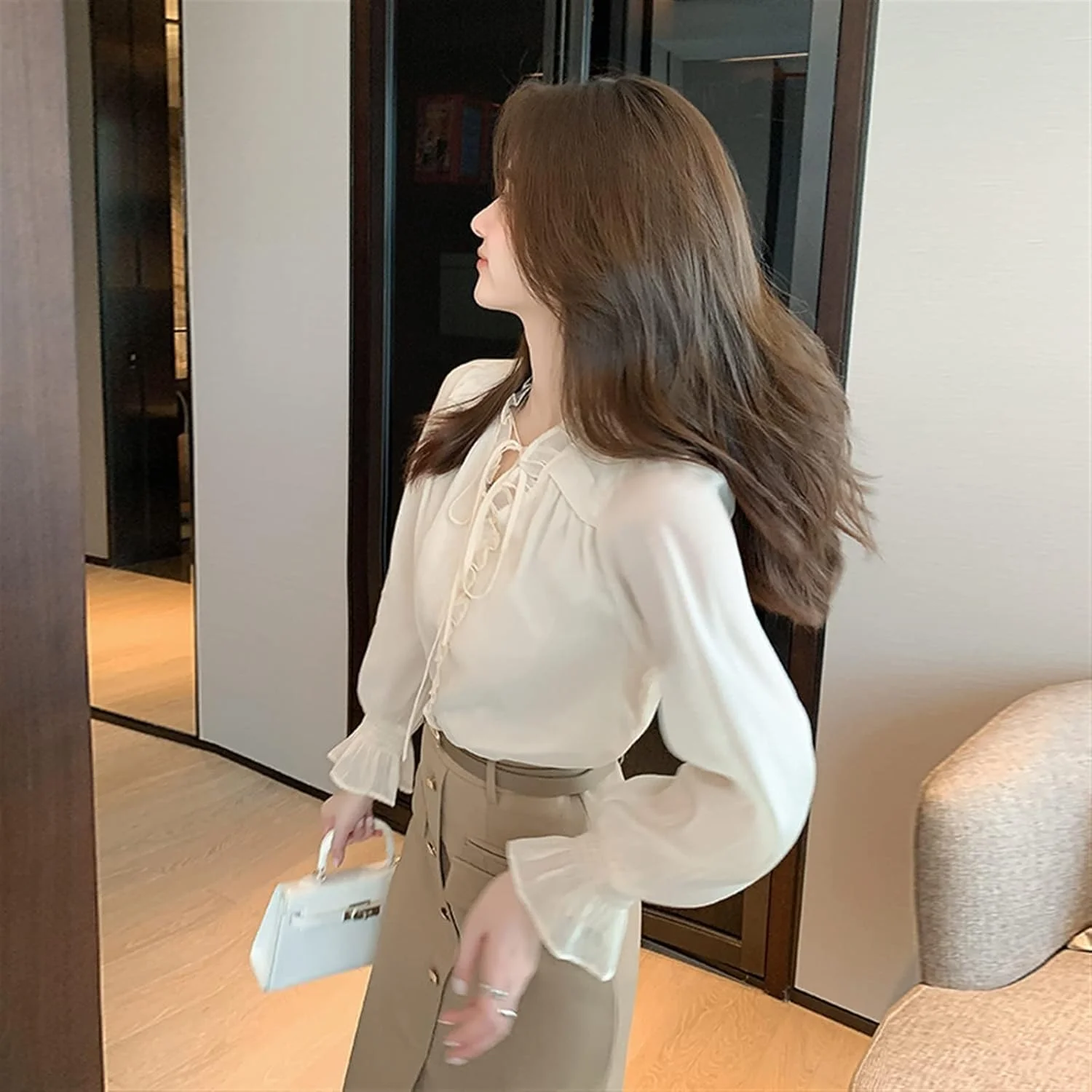 بلوز زنانه VETCS، بلوز زنانه، بلوز شیفون پفی آستین ترومپت زنانه (رنگ: Hortel، سایز: M)