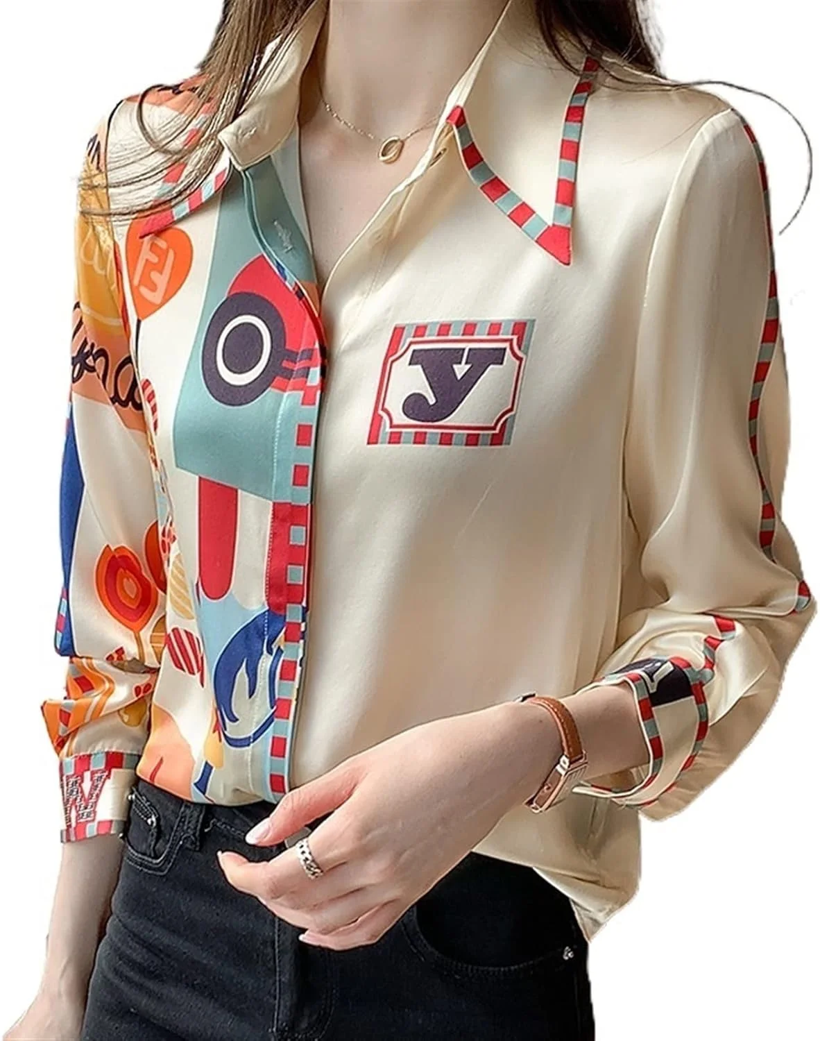 بلوز زنانه VETCS، بلوز زنانه مناسب استایل اداری، بلوز آستین بلند غیر رسمی و آزاد (سایز: L)