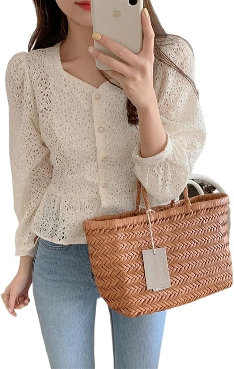 بلوز زنانه VETCS، بلوز شیرین و جذاب یقه هفت زنانه، پیراهن توری مجلسی آستین بلند (رنگ: سفید، سایز: S)