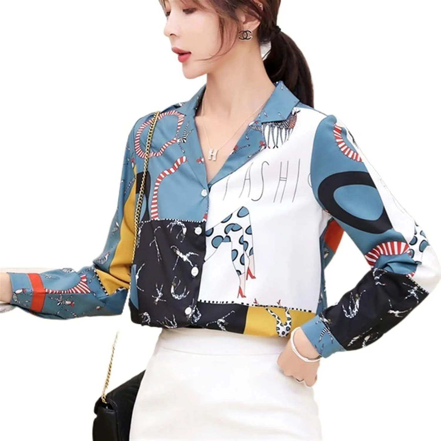 بلوز زنانه VETCS، بلوز و پیراهن زنانه، بلوز زنانه، پیراهن شیفون، پیراهن آستین بلند دکمه دار زنانه (رنگ: سفید، سایز: XXL)