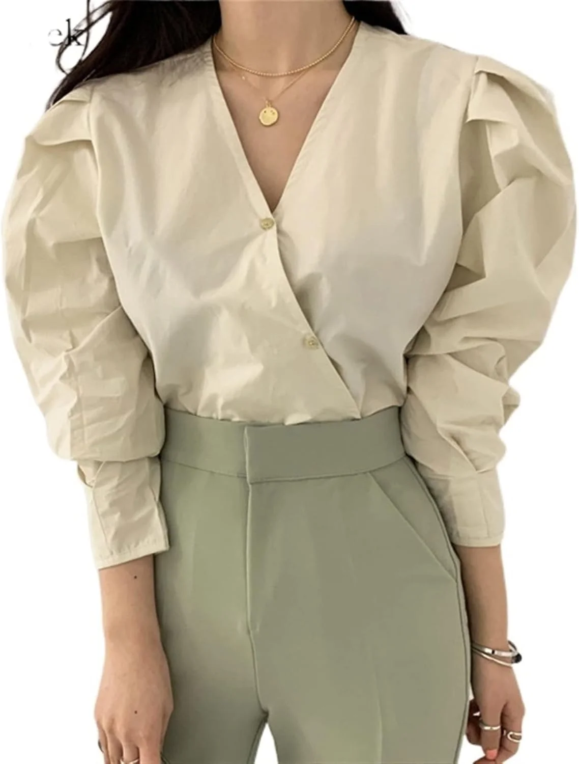 بلوز زنانه VETCS، پیراهن یقه هفت زنانه، تاپ زردآلویی آستین پفی، پیراهن دکمه دار ضربدری زنانه (رنگ: سفید، سایز: Xl)