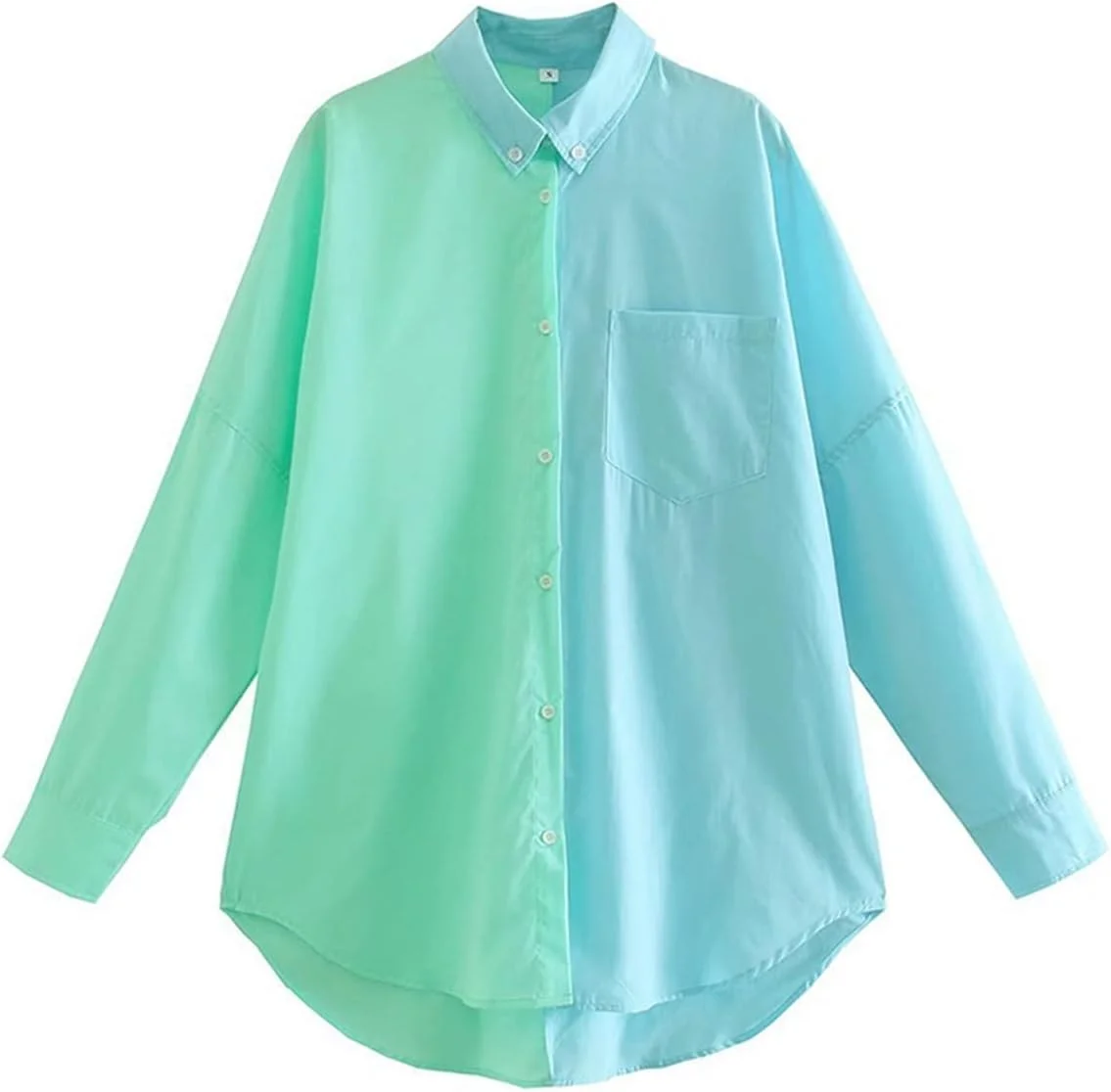 بلوز زنانه VETCS، پیراهن زنانه یقه برگردان تک سینه رنگ متضاد آستین بلند بلوز گشاد غیر رسمی زنانه (رنگ: Hortel، سایز: M)