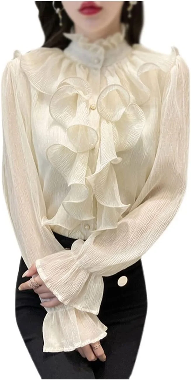 بلوز زنانه VETCS، یک عدد، مناسب بهار و پاییز، بلوزهای پایه زنانه، آستین بلند، مناسب بانوان شاغل در اداره، سفید یکدست، تاپ های چین دار (سایز: M)