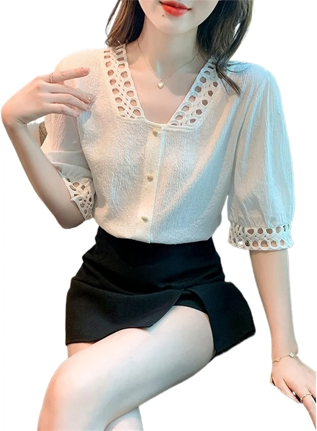 بلوز زنانه VETCS، پیراهن یقه هفت، بلوز و پیراهن زنانه شیفون برش دار، لباس سفید آستین کوتاه زنانه (رنگ: سفید، سایز: S)