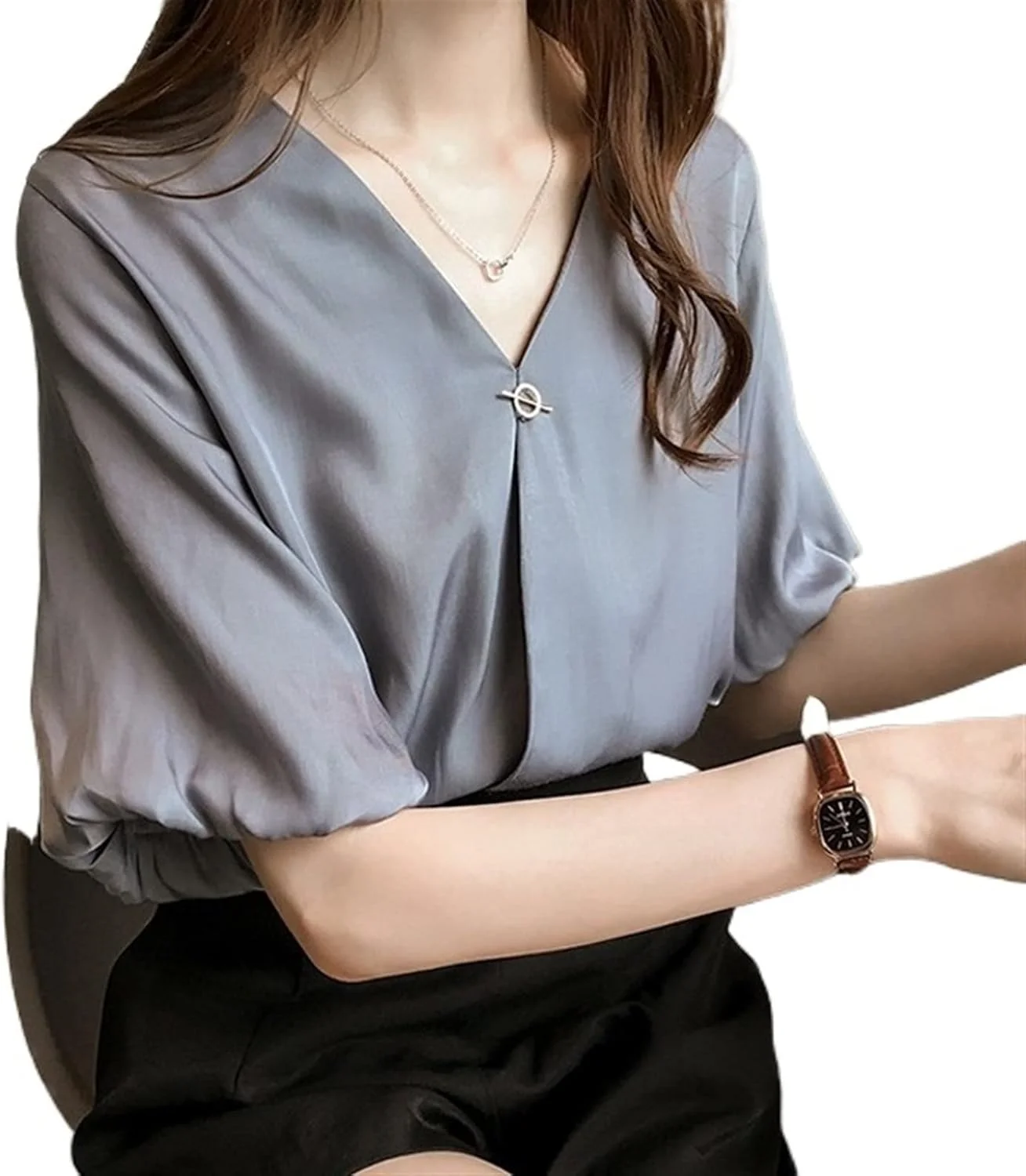 بلوز زنانه VETCS، پیراهن یقه هفت گشاد، آستین کوتاه شیک و ظریف، تاپ زنانه، پیراهن آستین دکمه دار باریک (رنگ: خاکستری، سایز: XXXL)