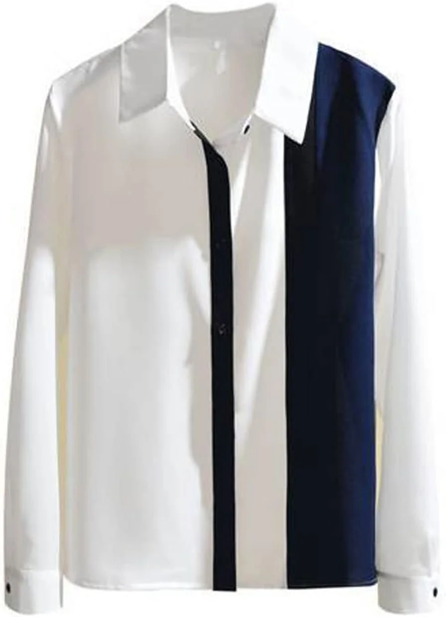 بلوز زنانه VETCS، پیراهن زنانه بهاره، تاپ های تکه دوزی سیاه و سفید زنانه، تاپ آستین بلند، یقه پولو، لباس دکمه دار، پیراهن های پایه زنانه (سایز: S)