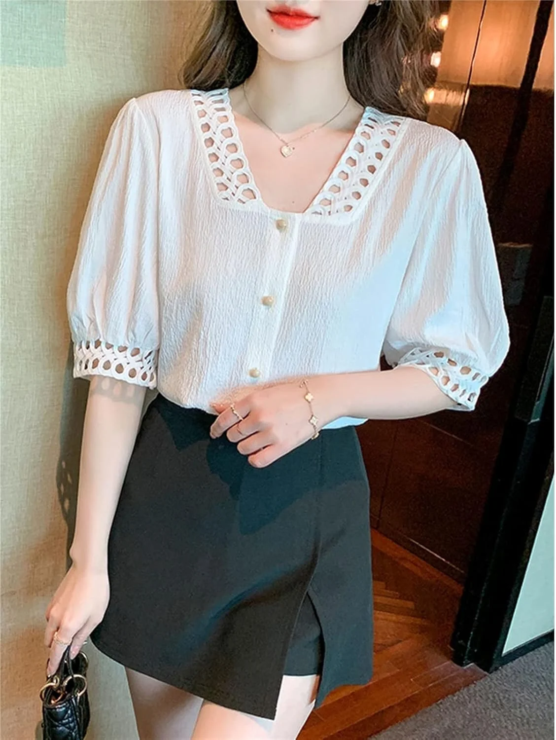 بلوز زنانه VETCS، پیراهن یقه هفت، بلوز و پیراهن زنانه شیفون برش دار، لباس سفید آستین کوتاه زنانه (رنگ: سفید، سایز: S) بلوز زنانه VETCS، پیراهن یقه هفت، بلوز و پیراهن زنانه شیفون برش دار، لباس سفید آستین کوتاه زنانه (رنگ: سفید، سایز: S)