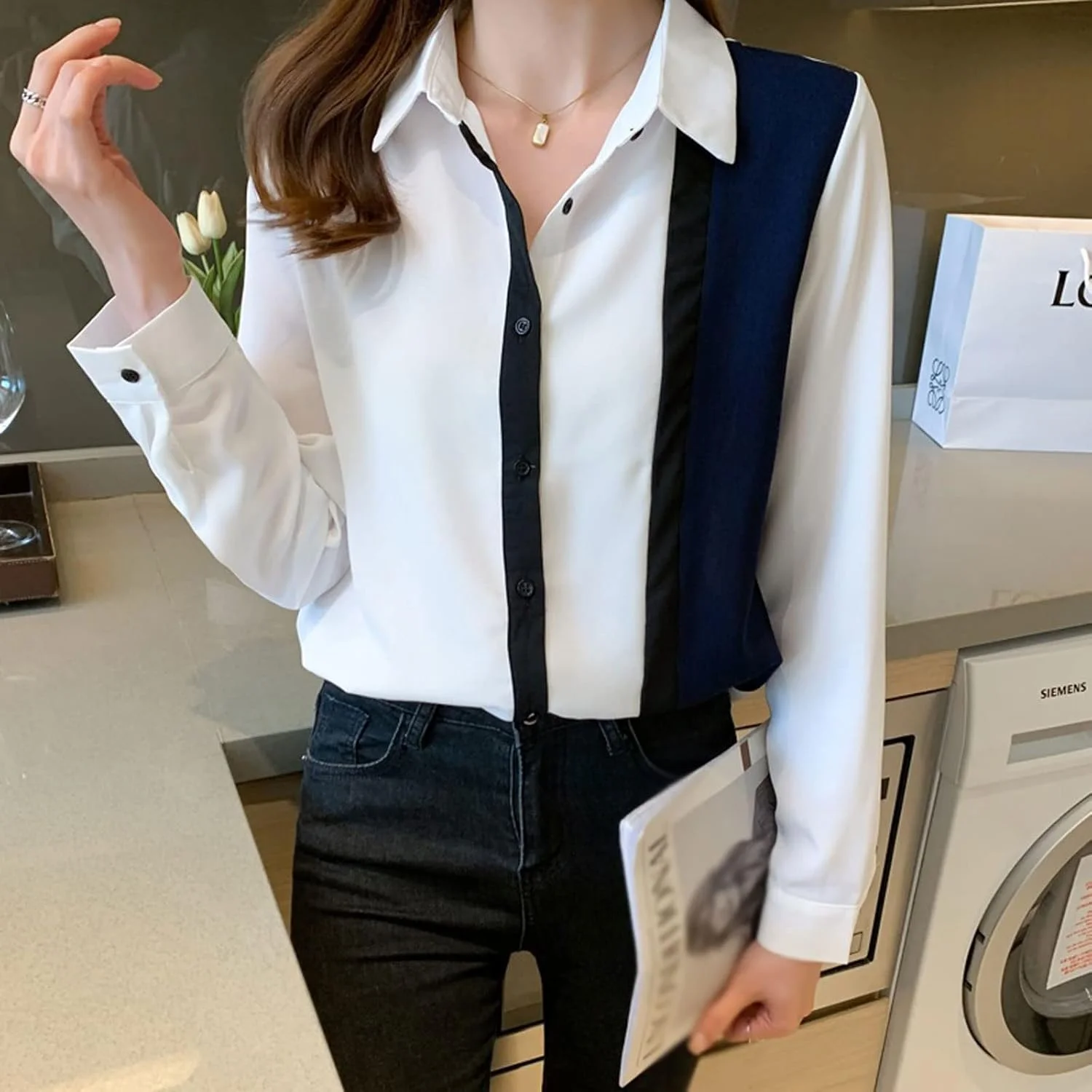 بلوز زنانه VETCS، پیراهن زنانه بهاره، تاپ های تکه دوزی سیاه و سفید زنانه، تاپ آستین بلند، یقه پولو، لباس دکمه دار، پیراهن های پایه زنانه (سایز: S) بلوز زنانه VETCS، پیراهن زنانه بهاره، تاپ های تکه دوزی سیاه و سفید زنانه، تاپ آستین بلند، یقه پولو، لباس دکمه دار، پیراهن های پایه زنانه (سایز: S)