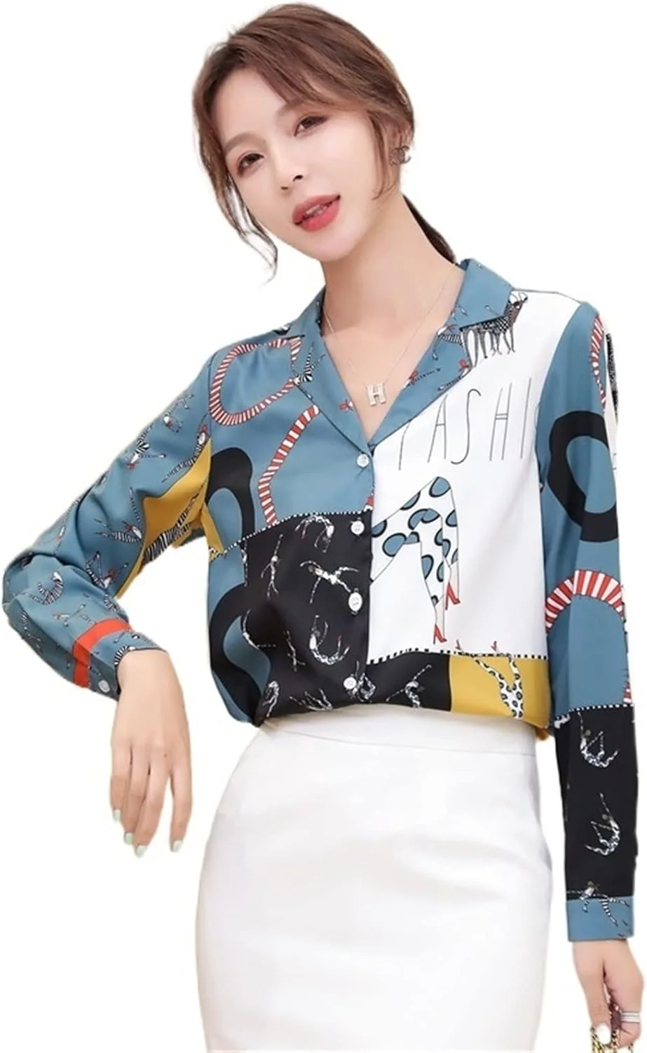 بلوز زنانه VETCS، بلوز و پیراهن زنانه، بلوز زنانه، پیراهن شیفون، پیراهن آستین بلند دکمه دار زنانه (رنگ: سفید، سایز: L)