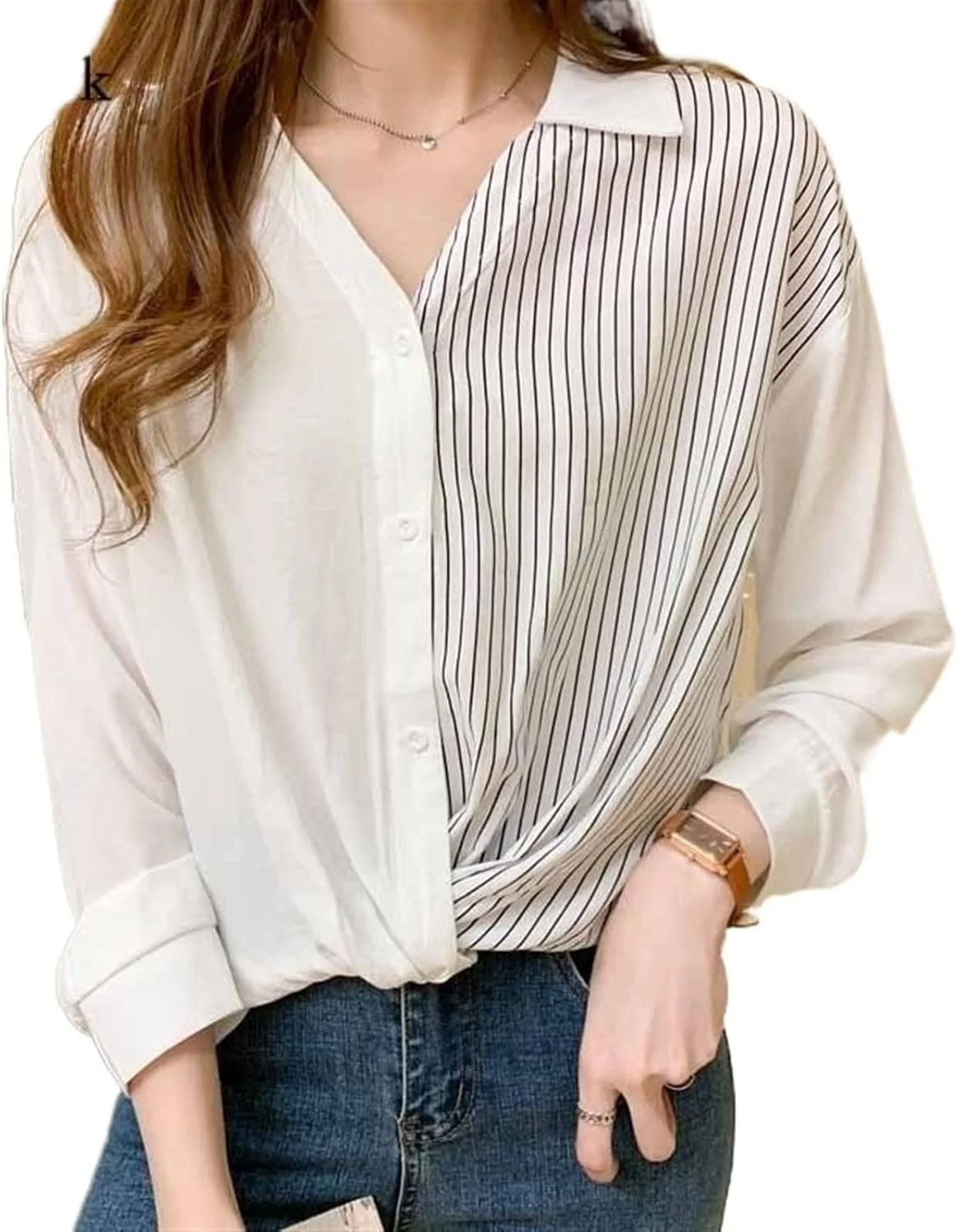 بلوز زنانه VETCS، پیراهن راه راه آستین بلند سفید، پیراهن غیر رسمی یقه هفت، پیراهن گشاد زنانه (رنگ: سفید، سایز: XL)