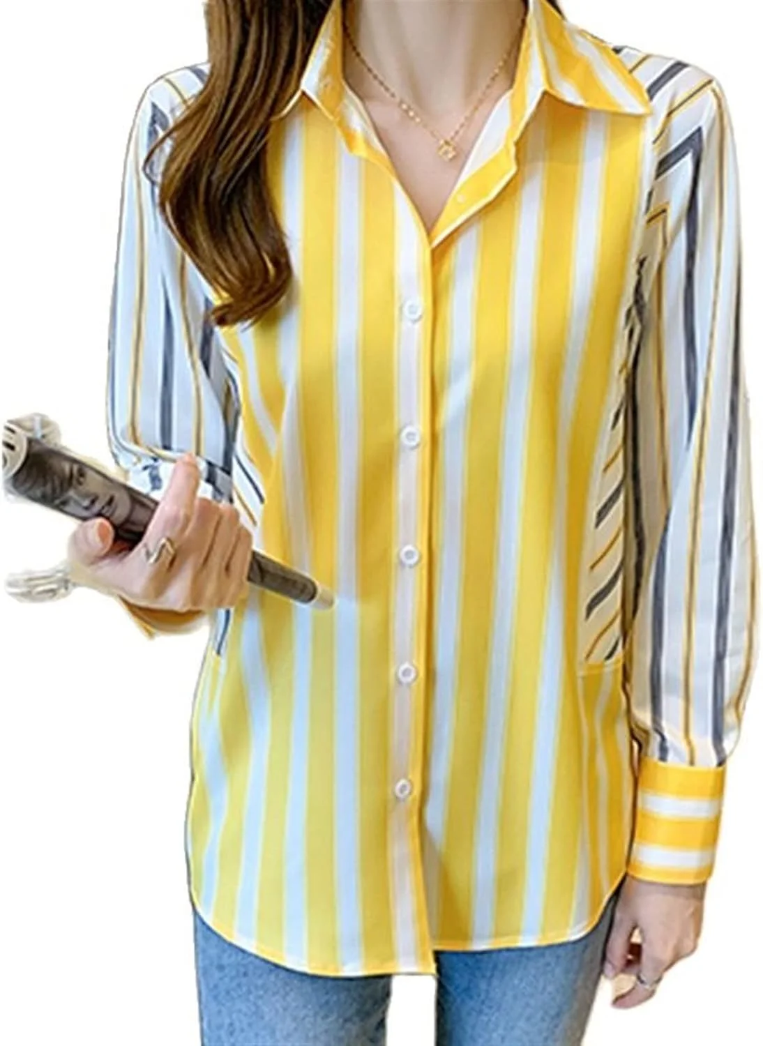 بلوز زنانه VETCS طرح راه راه، بلوز زنانه، پیراهن زنانه، آستین بلند (سایز: S)