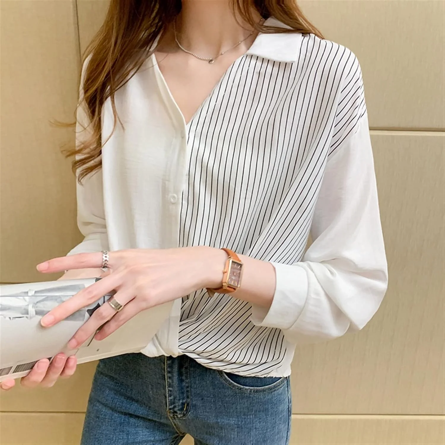 بلوز زنانه VETCS، پیراهن راه راه آستین بلند سفید، پیراهن غیر رسمی یقه هفت، پیراهن گشاد زنانه (رنگ: سفید، سایز: XL) بلوز زنانه VETCS، پیراهن راه راه آستین بلند سفید، پیراهن غیر رسمی یقه هفت، پیراهن گشاد زنانه (رنگ: سفید، سایز: XL)