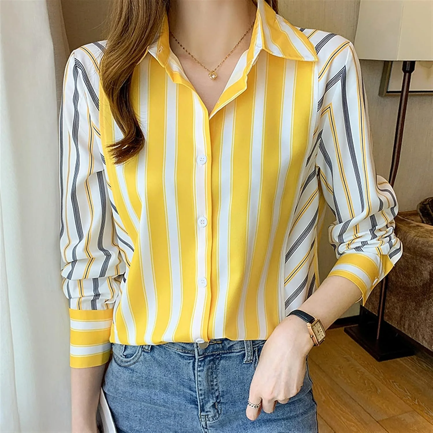 بلوز زنانه VETCS طرح راه راه، بلوز زنانه، پیراهن زنانه، آستین بلند (سایز: S)