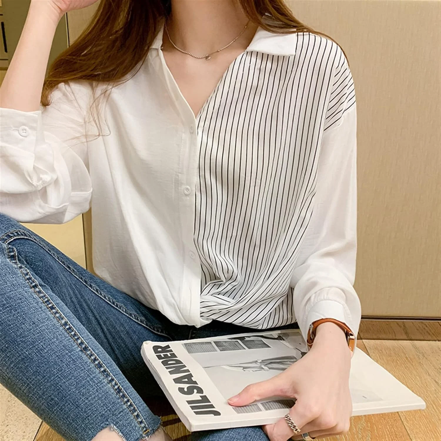 بلوز زنانه VETCS، پیراهن راه راه آستین بلند سفید، پیراهن غیر رسمی یقه هفت، پیراهن گشاد زنانه (رنگ: سفید، سایز: XL) بلوز زنانه VETCS، پیراهن راه راه آستین بلند سفید، پیراهن غیر رسمی یقه هفت، پیراهن گشاد زنانه (رنگ: سفید، سایز: XL)