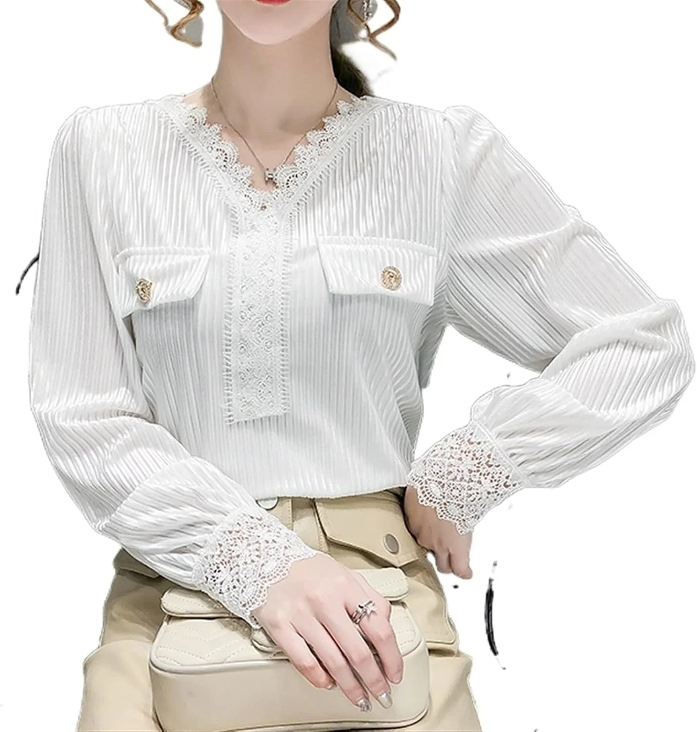 بلوز زنانه VETCS آستین بلند، پیراهن زنانه یقه هفت، پیراهن زیره مخمل طلایی زنانه، پیراهن زنانه با لبه توری (رنگ: سفید، سایز: M)