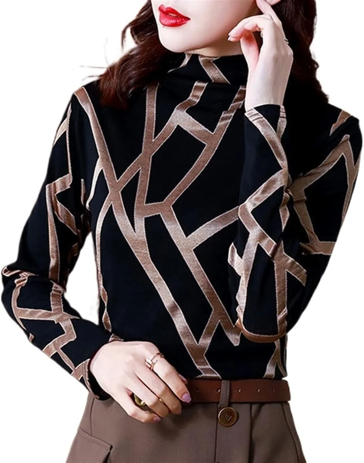 بلوز زنانه VETCS طرح راه راه آستین بلند یقه اسکی مناسب بهار و پاییز (رنگ: Hortel، سایز: 4XL)