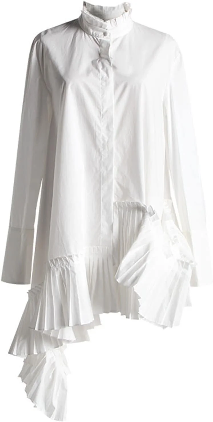 بلوز زنانه VETCS، پیراهن زنانه آستین بلند گشاد یکدست، نامتقارن، یک دکمه، بلوز چین دار زنانه