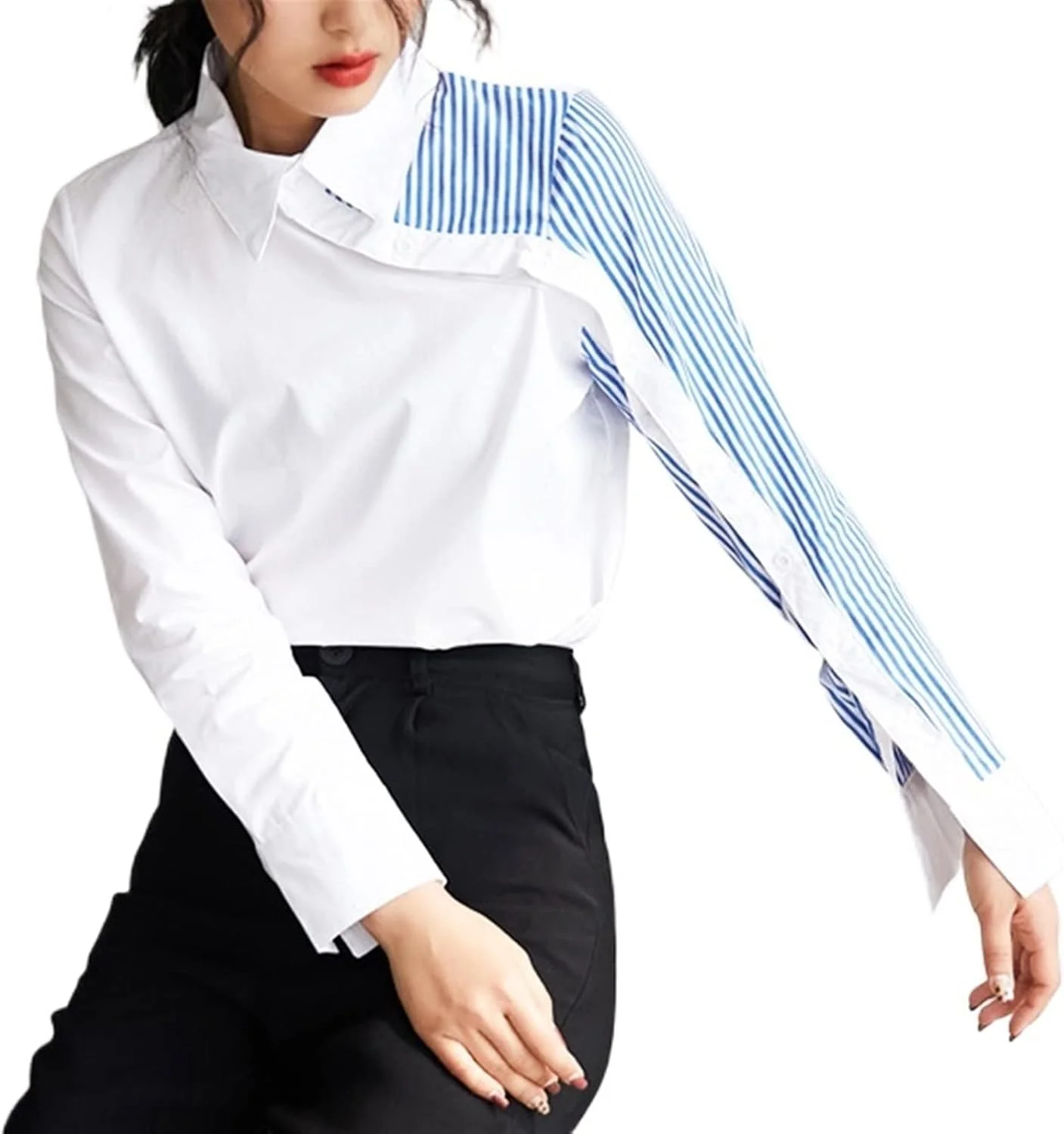 بلوز زنانه VETCS آستین بلند نخی، بلوز جذب زنانه، پیراهن زنانه، لباس زنانه یقه دار (رنگ: سفید، سایز: S)