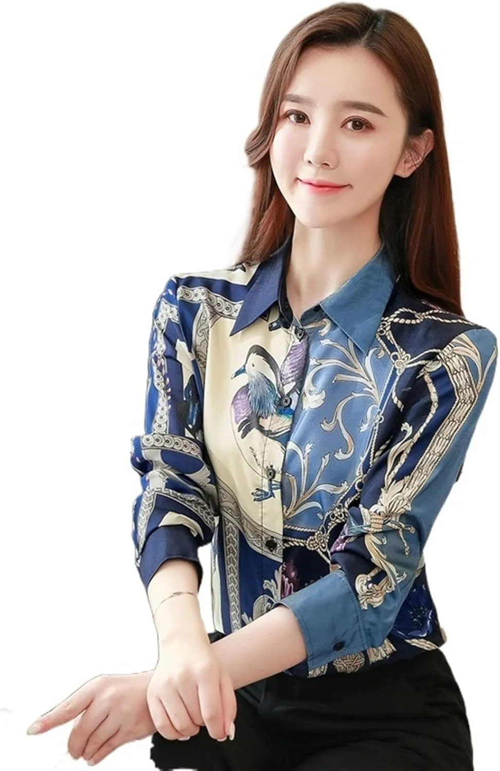 بلوز زنانه VETCS آستین بلند بلوز ابریشمی پیراهن زنانه لباس با کیفیت پیراهن گشاد سایز بزرگ (رنگ: سفید، سایز: S)