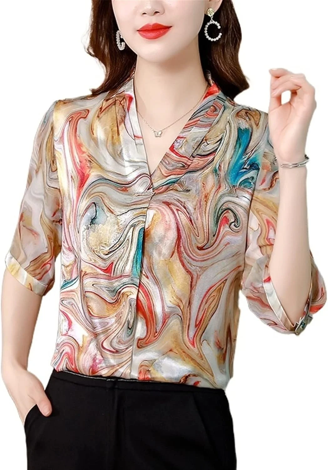 بلوز زنانه VETCS، تاپ و پیراهن زنانه، آستین کوتاه، پیراهن زنانه، طرح دار، یقه هفت، پیراهن ابریشمی، پلیور ساتن، تاپ زنانه (سایز: XL)