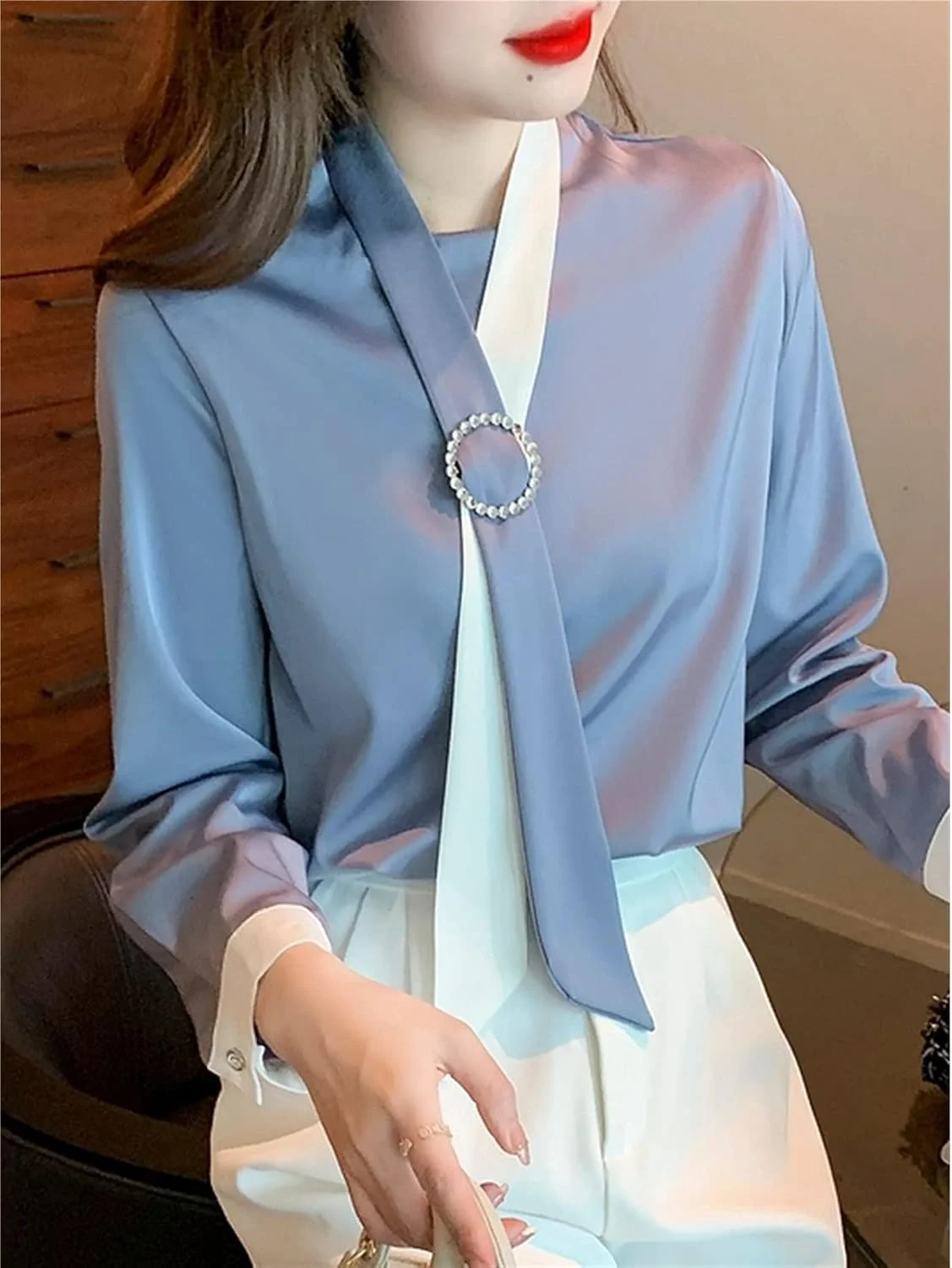 بلوز زنانه VETCS، پیراهن آستین بلند زنانه، بلوز شیفون سفید زنانه (رنگ: Hortel، سایز: M)