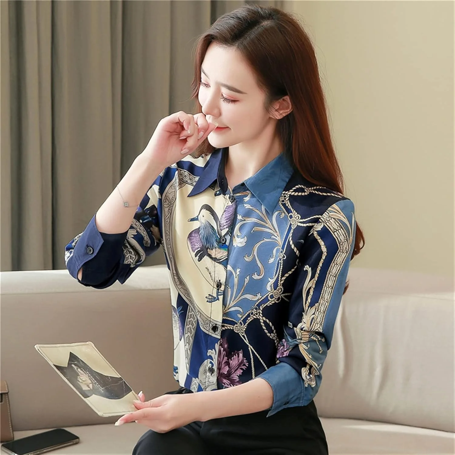 بلوز زنانه VETCS آستین بلند بلوز ابریشمی پیراهن زنانه لباس با کیفیت پیراهن گشاد سایز بزرگ (رنگ: سفید، سایز: S)