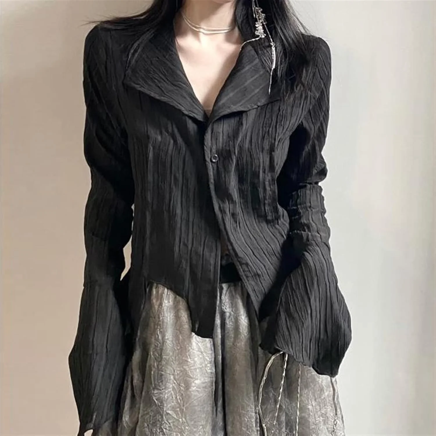 بلوز زنانه VETCS، آستین بلند، پیراهن زنانه، تاپ جذب، آبی، مشکی یکدست، یقه شکاف دار (رنگ: Hortel، سایز: M)