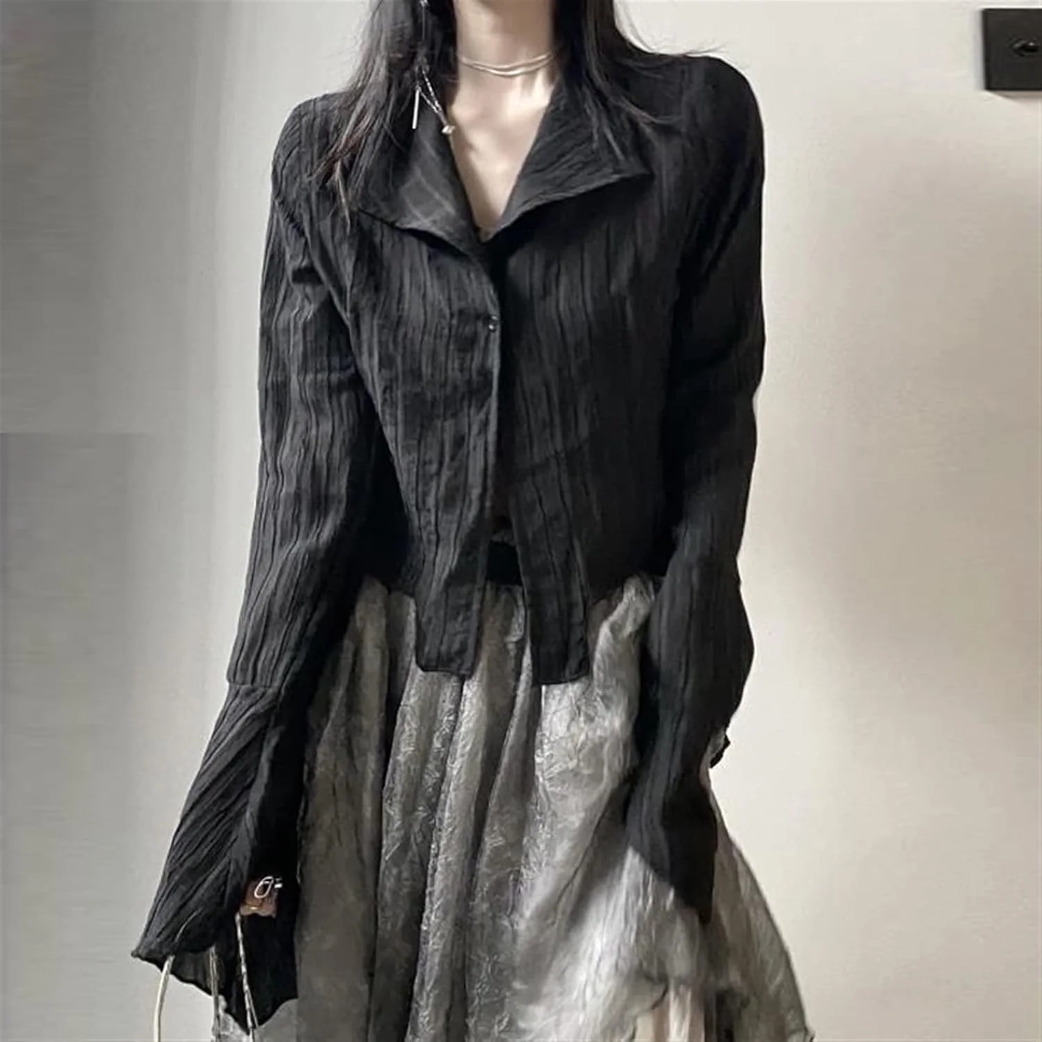 بلوز زنانه VETCS، آستین بلند، پیراهن زنانه، تاپ جذب، آبی، مشکی یکدست، یقه شکاف دار (رنگ: Hortel، سایز: M)