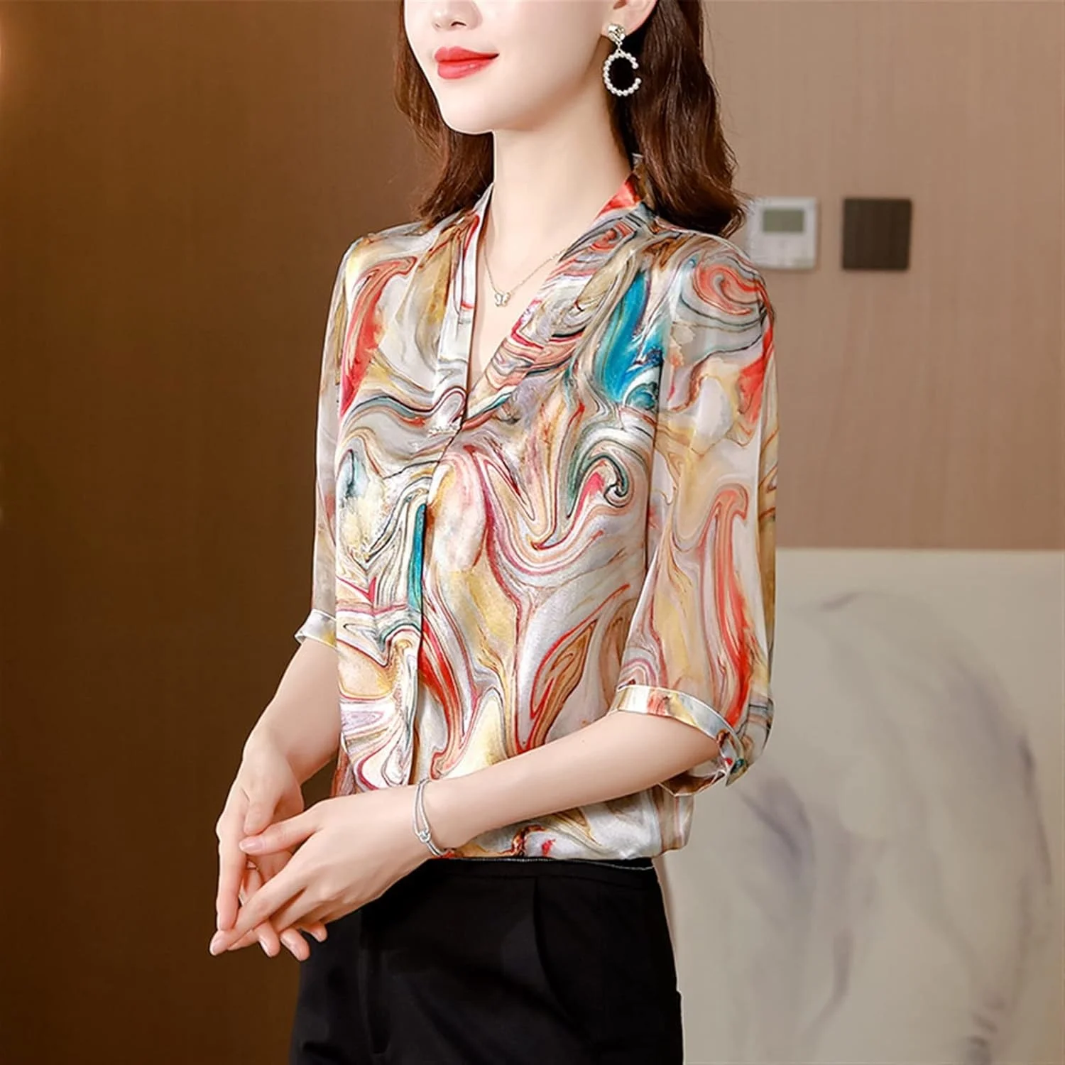 بلوز زنانه VETCS، تاپ و پیراهن زنانه، آستین کوتاه، پیراهن زنانه، طرح دار، یقه هفت، پیراهن ابریشمی، پلیور ساتن، تاپ زنانه (سایز: XL) بلوز زنانه VETCS، تاپ و پیراهن زنانه، آستین کوتاه، پیراهن زنانه، طرح دار، یقه هفت، پیراهن ابریشمی، پلیور ساتن، تاپ زنانه (سایز: XL)