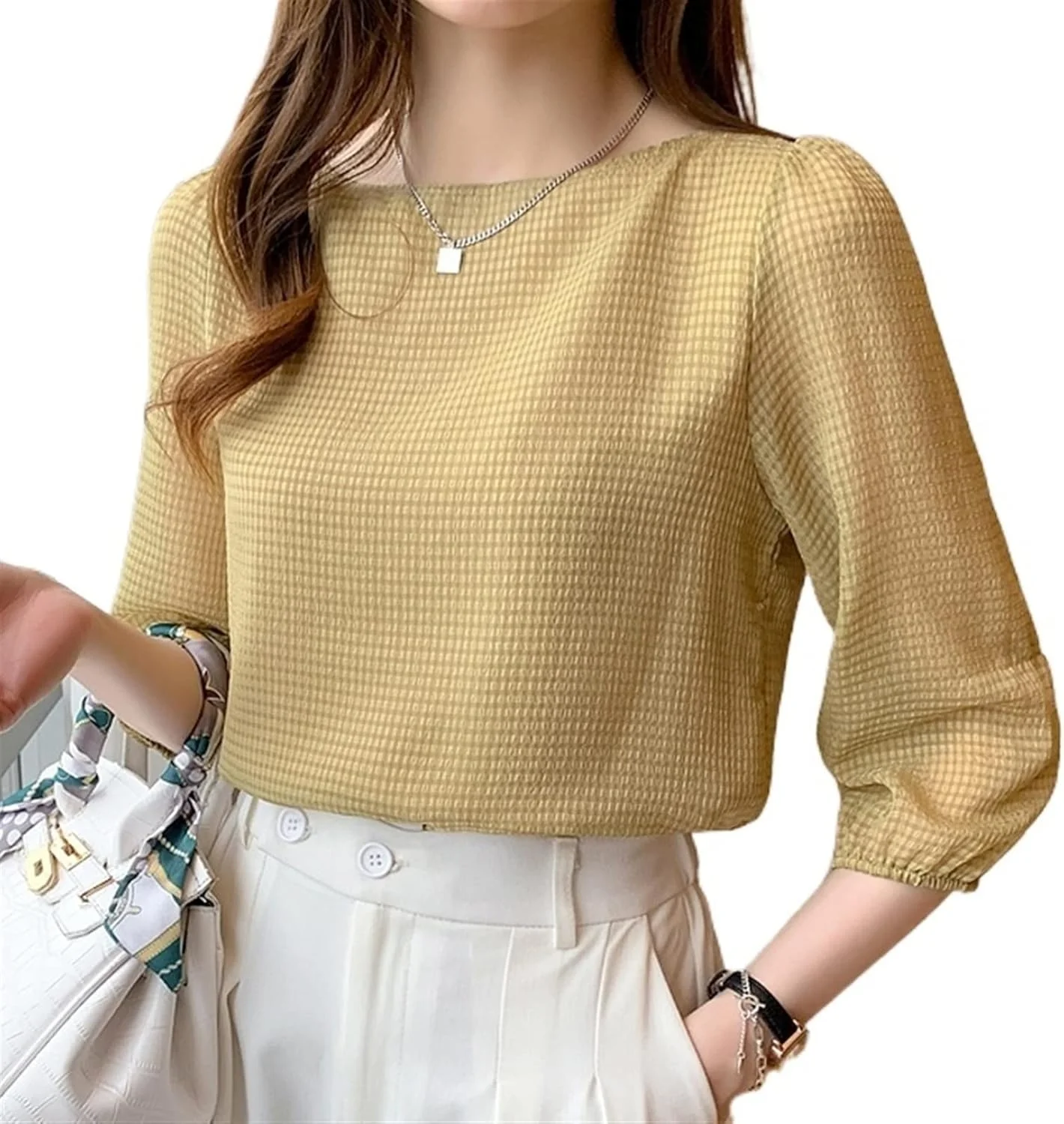 بلوز زنانه VETCS آستین کوتاه پیراهن شیفون طرح چهارخانه فانوسی شیک بلوز گشاد یقه کج زنانه (رنگ: Hortel، سایز: XL)