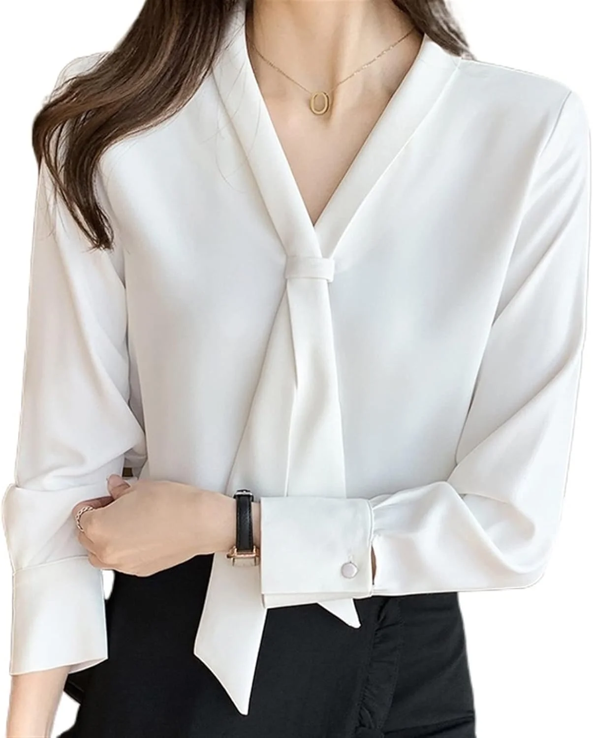 بلوز زنانه VETCS آستین بلند پیراهن شیفون پیراهن زنانه پاپیونی یقه هفت بلوز زنانه (رنگ: سفید، سایز: M)