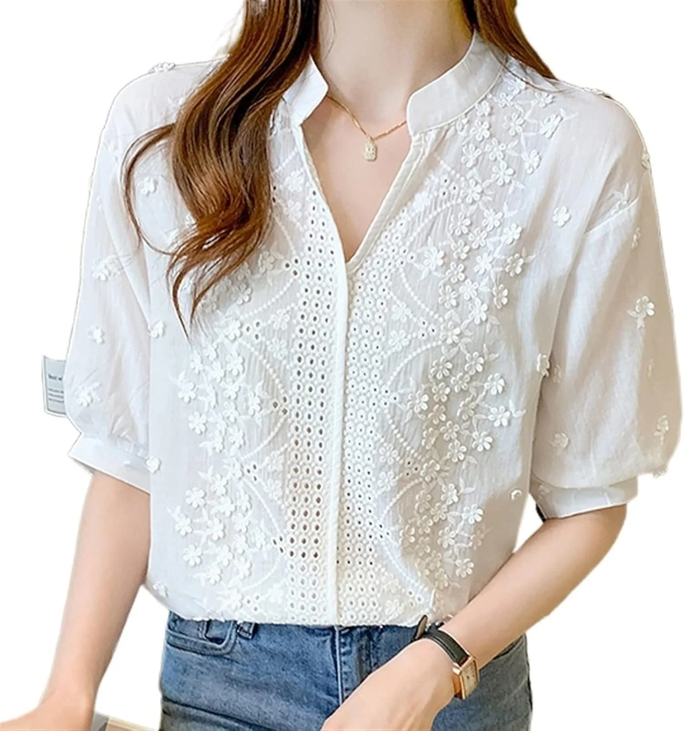 بلوز زنانه VETCS، پیراهن آستین کوتاه زنانه، پیراهن یقه هفت زنانه، پیراهن مد روز زنانه، پیراهن سفید نخی گلدوزی شده زنانه (سایز: L)