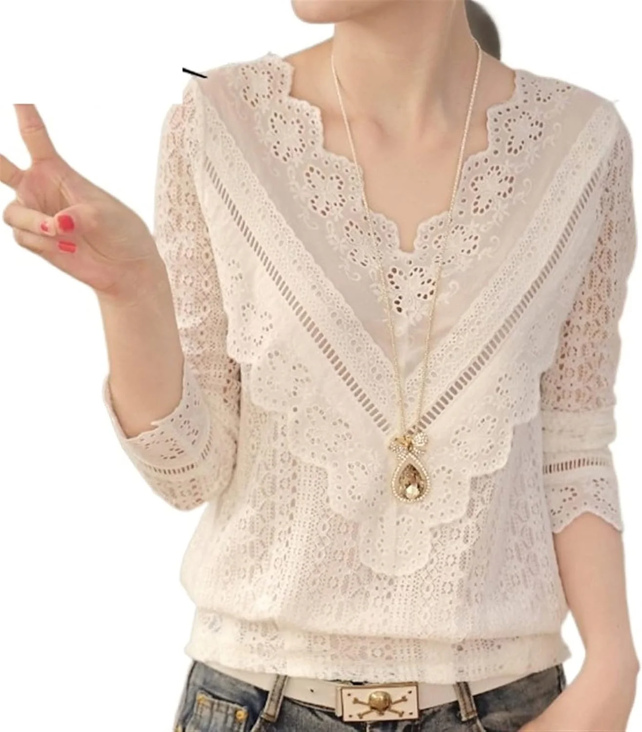 بلوز زنانه VETCS پیراهن توری آستین بلند یقه هفت باریک زنانه (رنگ: سفید، سایز: Xl)