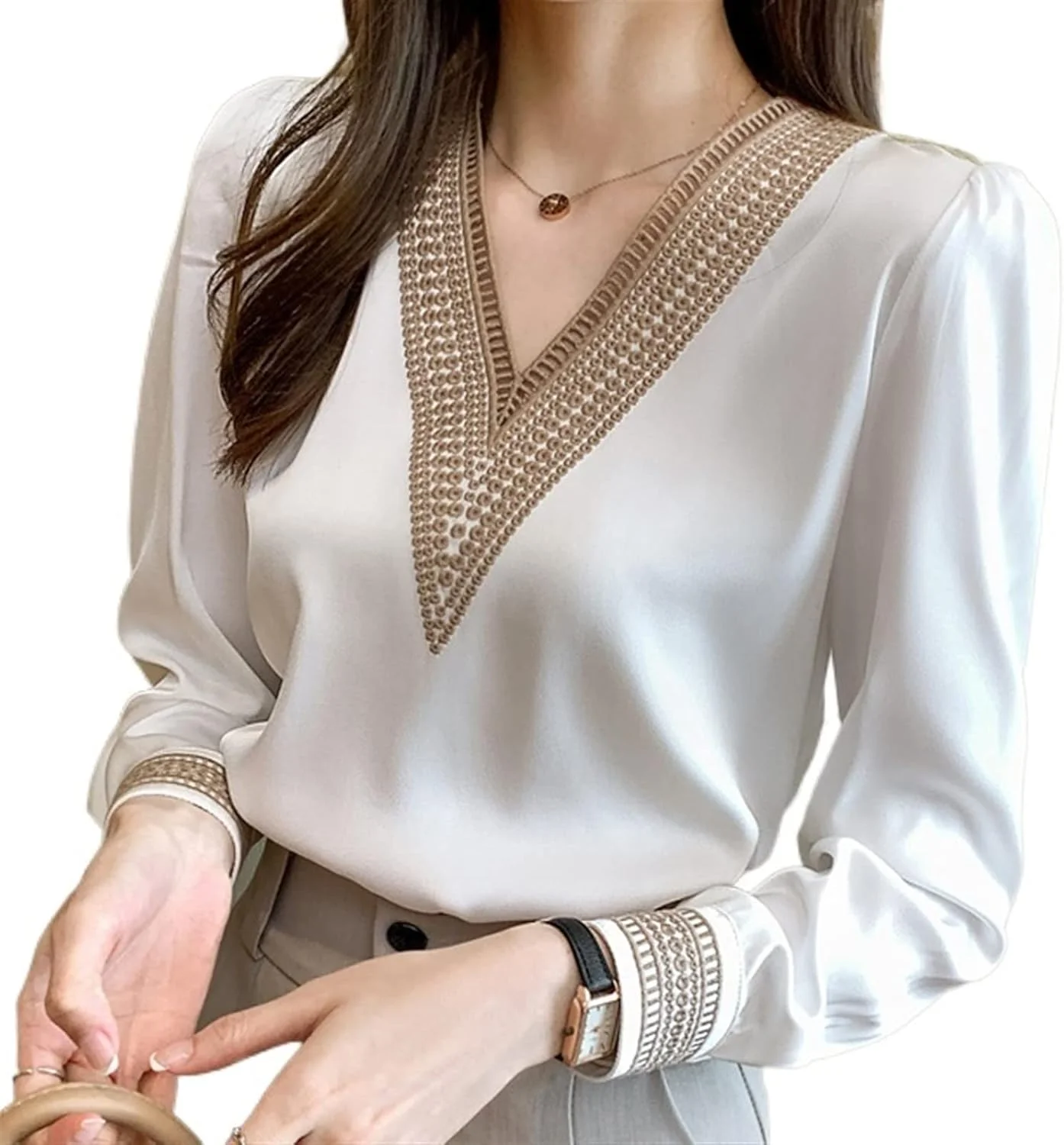 بلوز زنانه VETCS آستین بلند پیراهن سفید پیراهن زنانه گلدوزی شده یقه هفت پیراهن شیفون پیراهن زنانه (سایز: M)
