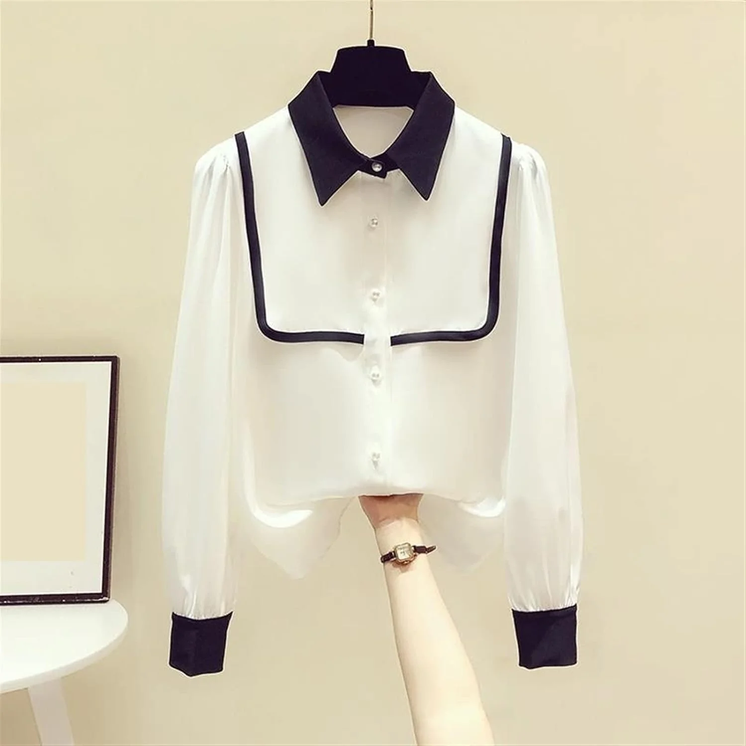 بلوز زنانه VETCS، پیراهن آستین بلند زنانه، طراحی ظریف و خوش‌سلیقه با آستر (رنگ: سفید، سایز: S)