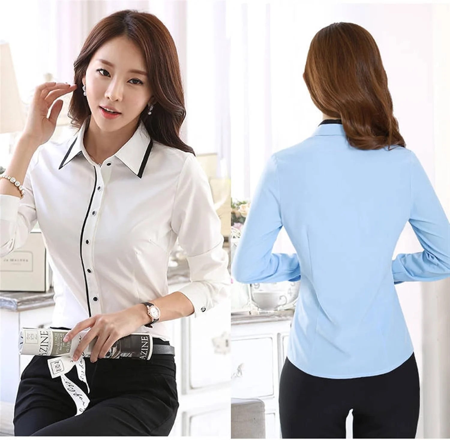 بلوز زنانه VETCS، پیراهن آستین بلند، تاپ سفید آبی، لباس کار زنانه، لباس زنانه آبی (رنگ: سفید، سایز: L) بلوز زنانه VETCS، پیراهن آستین بلند، تاپ سفید آبی، لباس کار زنانه، لباس زنانه آبی (رنگ: سفید، سایز: L)