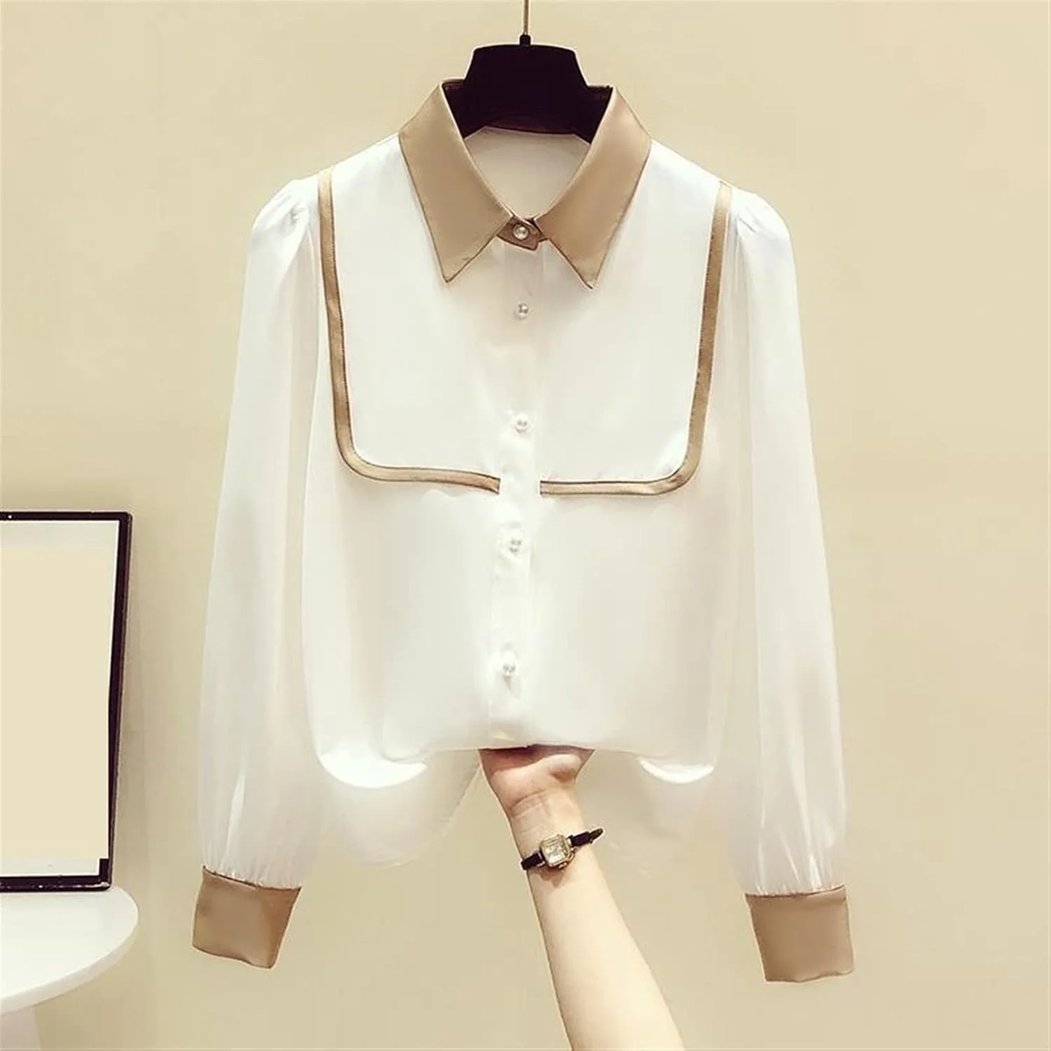 بلوز زنانه VETCS، پیراهن آستین بلند زنانه، طراحی ظریف و خوش‌سلیقه با آستر (رنگ: سفید، سایز: S)