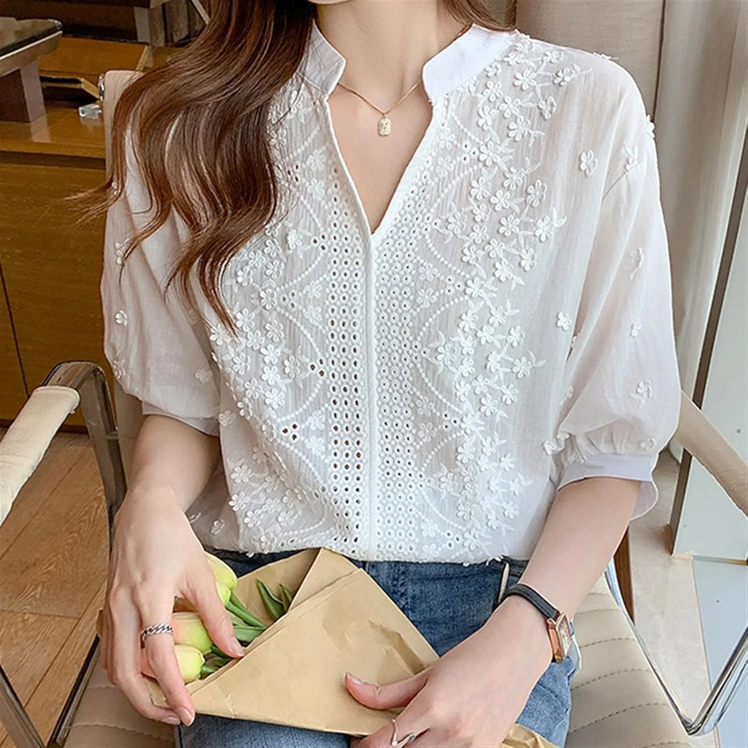 بلوز زنانه VETCS، پیراهن آستین کوتاه زنانه، پیراهن یقه هفت زنانه، پیراهن مد روز زنانه، پیراهن سفید نخی گلدوزی شده زنانه (سایز: L) بلوز زنانه VETCS، پیراهن آستین کوتاه زنانه، پیراهن یقه هفت زنانه، پیراهن مد روز زنانه، پیراهن سفید نخی گلدوزی شده زنانه (سایز: L)