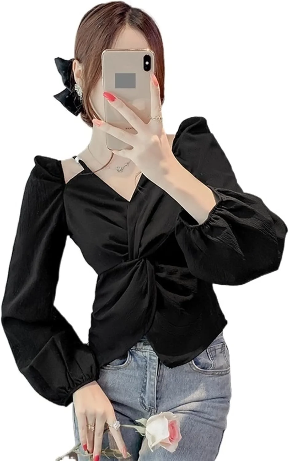 بلوز زنانه VETCS آستین بلند پفی یقه مربعی با بندهای اسپاگتی (رنگ: هورتل، سایز: L)