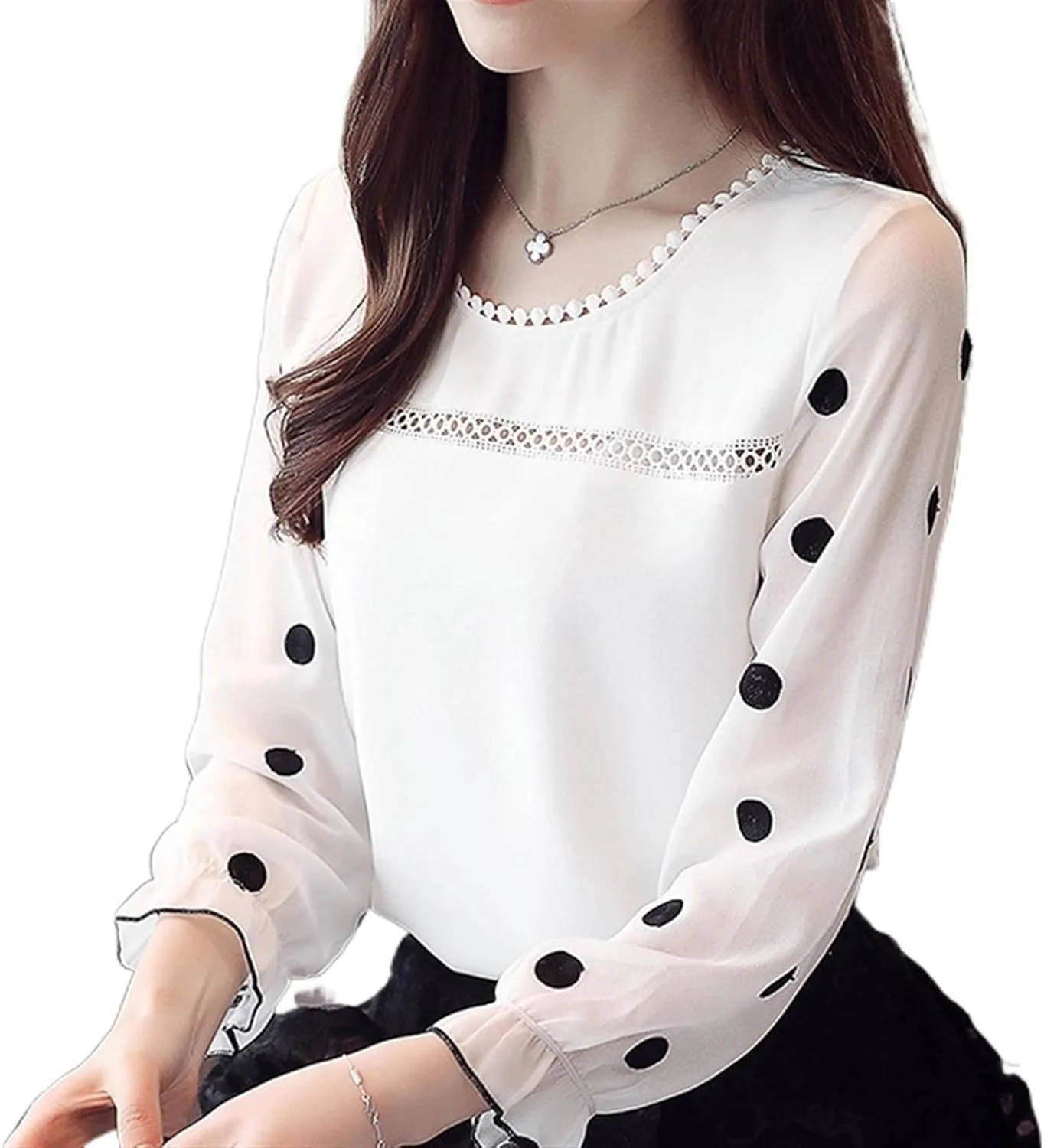 بلوز زنانه VETCS آستین بلند، پیراهن زنانه شیفون، لباس زنانه، یقه گرد شیرین، خال مشکی، تاپ زنانه سفید (سایز: L)