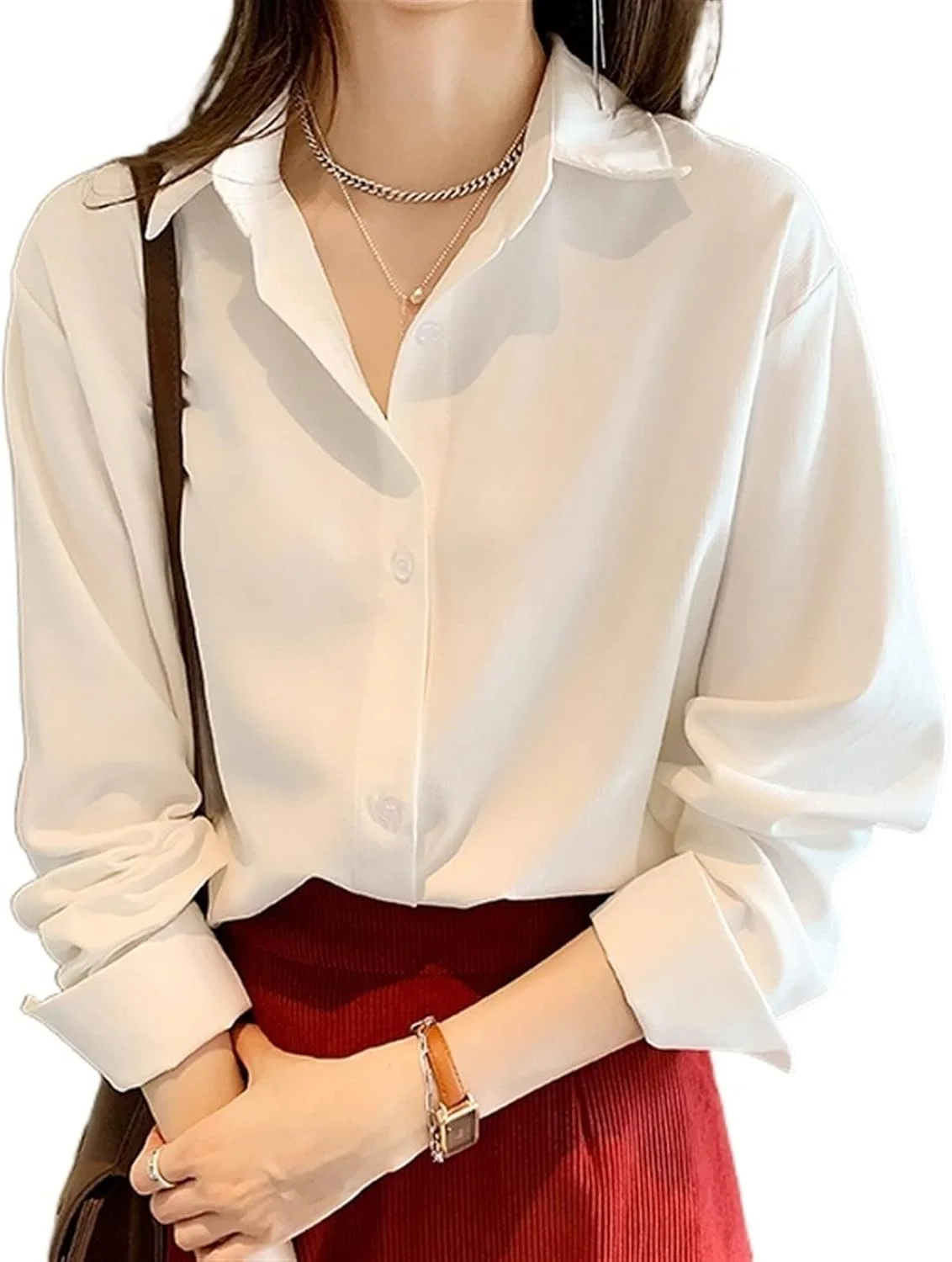 بلوز زنانه VETCS، پیراهن سفید سایز بزرگ، آستین بلند گشاد، پیراهن زیر دکمه دار، پیراهن زنانه مدل OL (رنگ: Hortel، سایز: XL)
