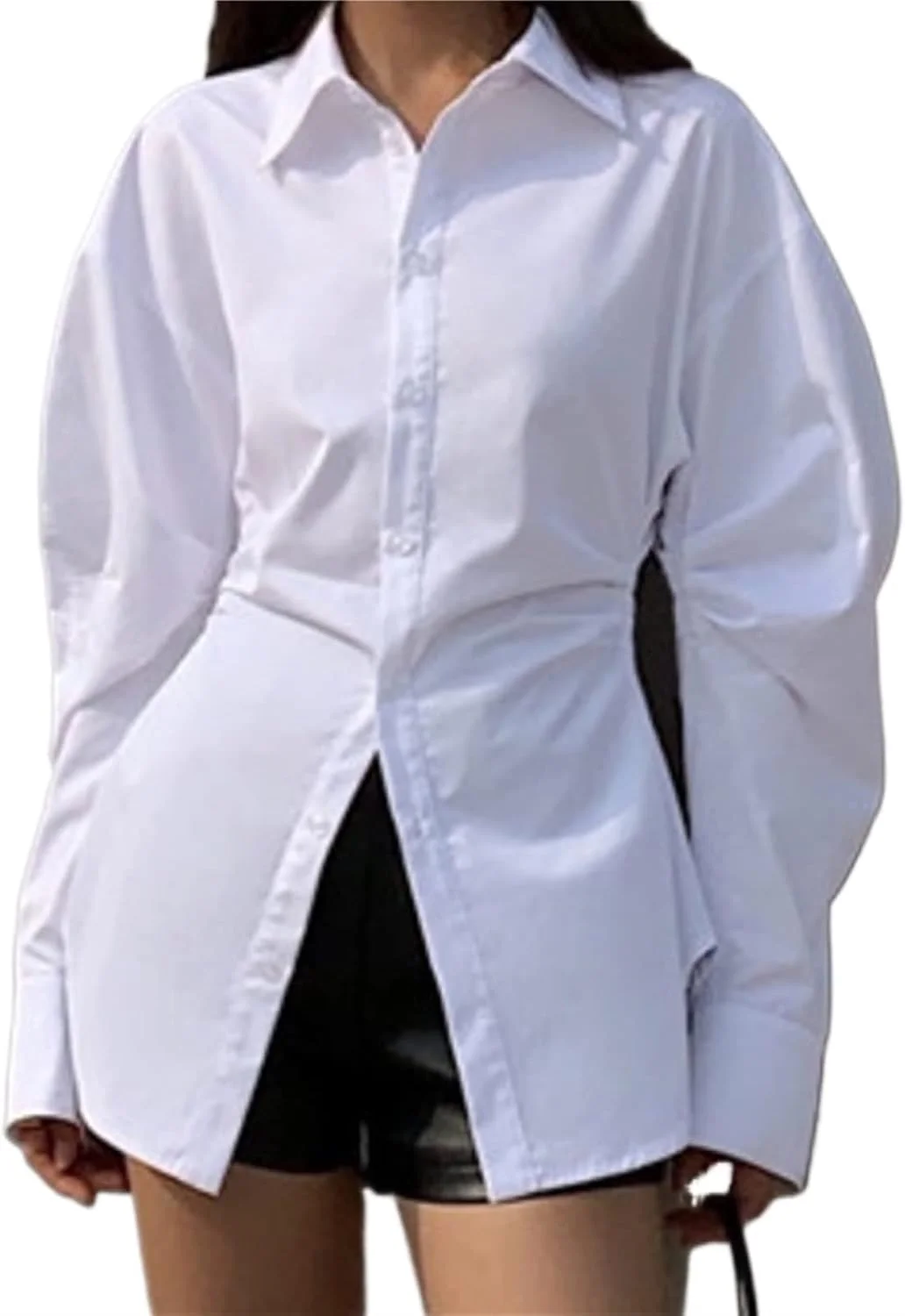 بلوز زنانه VETCS، پیراهن زنانه یقه برگردان، آستین بلند، رنگ ثابت، بلوز ساده زنانه (رنگ: سفید، سایز: M)