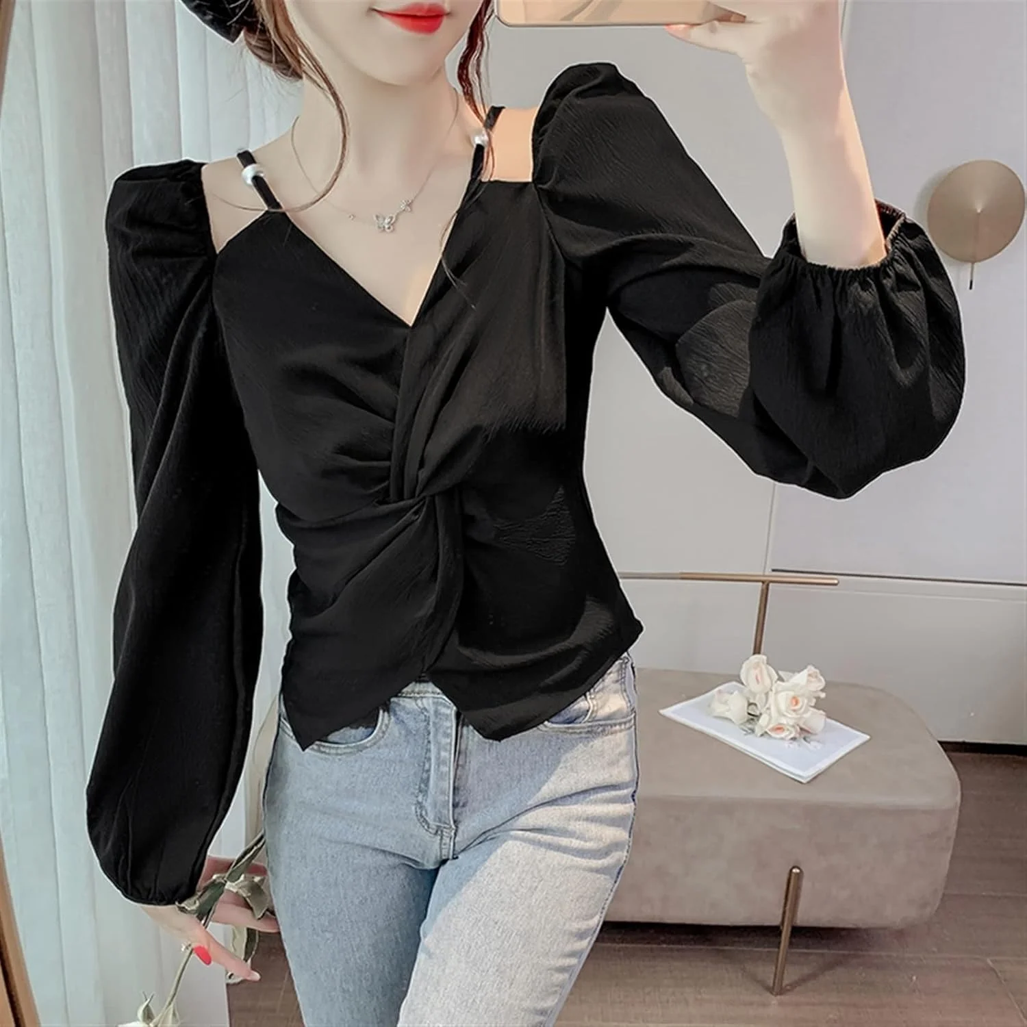 بلوز زنانه VETCS آستین بلند پفی یقه مربعی با بندهای اسپاگتی (رنگ: هورتل، سایز: L) بلوز زنانه VETCS آستین بلند پفی یقه مربعی با بندهای اسپاگتی (رنگ: هورتل، سایز: L)