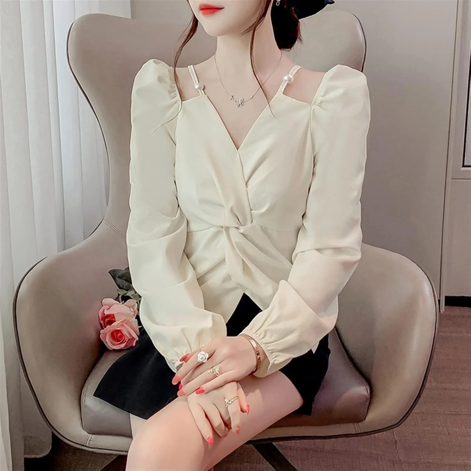 بلوز زنانه VETCS آستین بلند پفی یقه مربعی با بندهای اسپاگتی (رنگ: هورتل، سایز: L) بلوز زنانه VETCS آستین بلند پفی یقه مربعی با بندهای اسپاگتی (رنگ: هورتل، سایز: L)