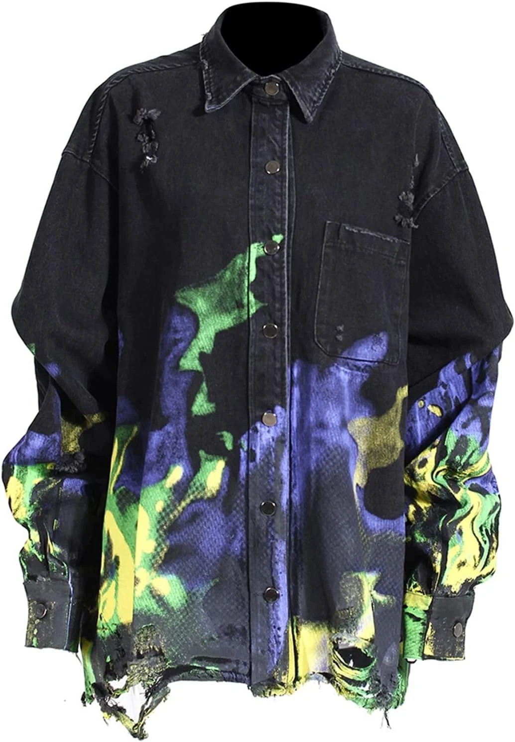 بلوز زنانه VETCS، پیراهن جین زنانه، یقه برگردان، آزاد، تک سینه، آستین بلند طرح دار، بلوز آبی زنانه (رنگ: Hortel، سایز: S)