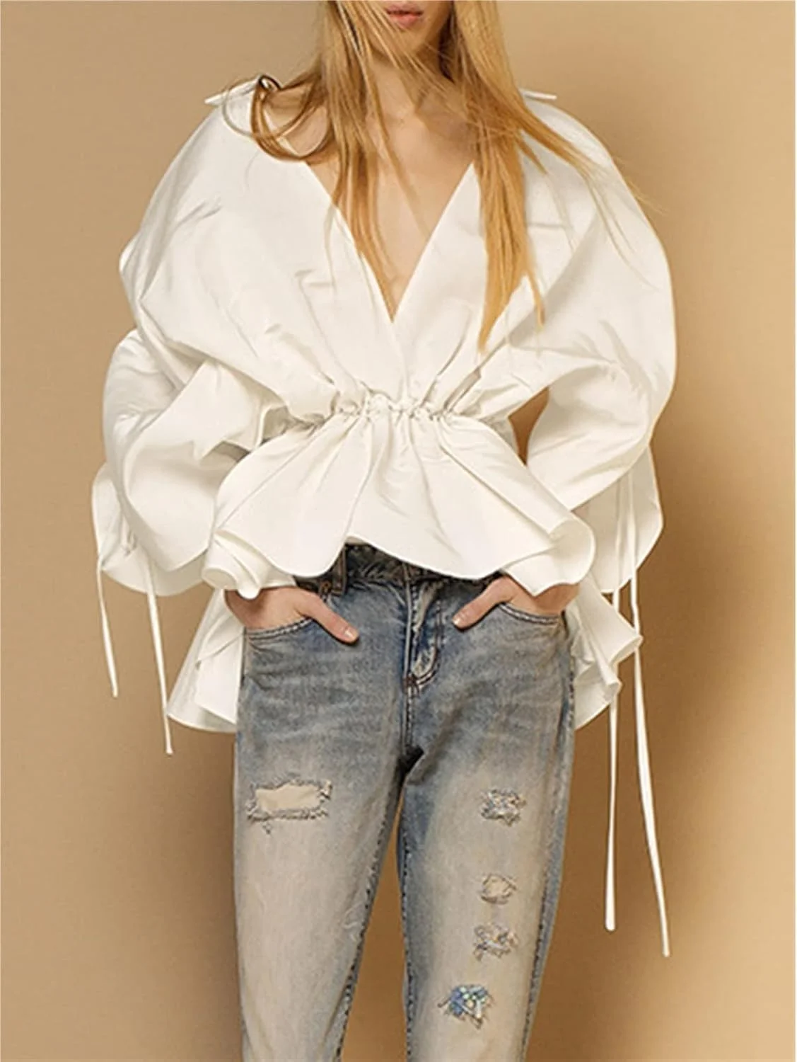 بلوز زنانه VETCS، پیراهن زنانه یقه برگردان، آستین بلند، بند دار، رنگ ثابت، بلوز ساده زنانه (رنگ: سفید، سایز: S)